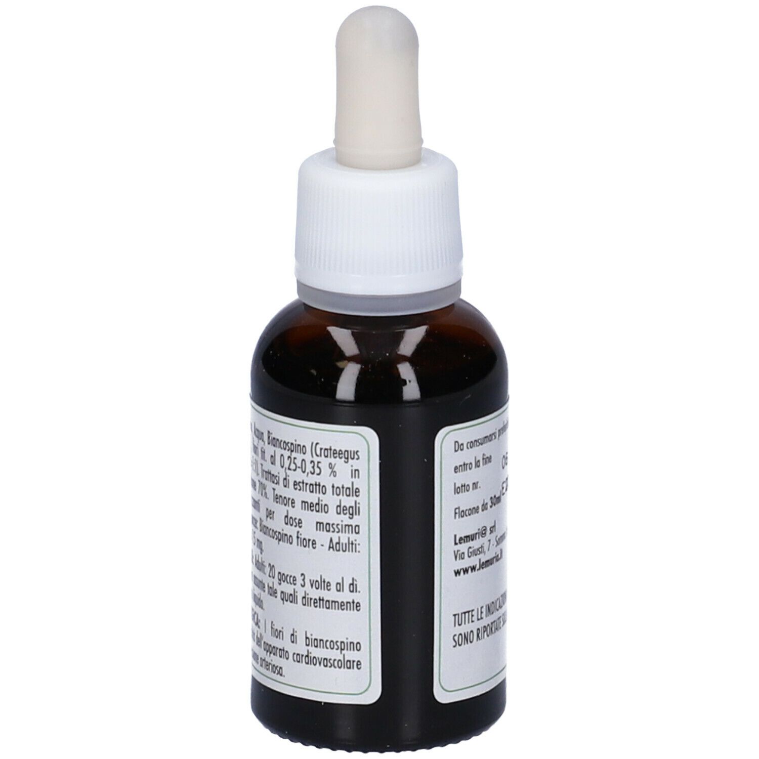 Flacone di vetro marrone con contagocce bianco. Scritta: E.T. - estratto totale Biancospino. Marchio: Lemuria. Sigillo vegano. Ingredienti.