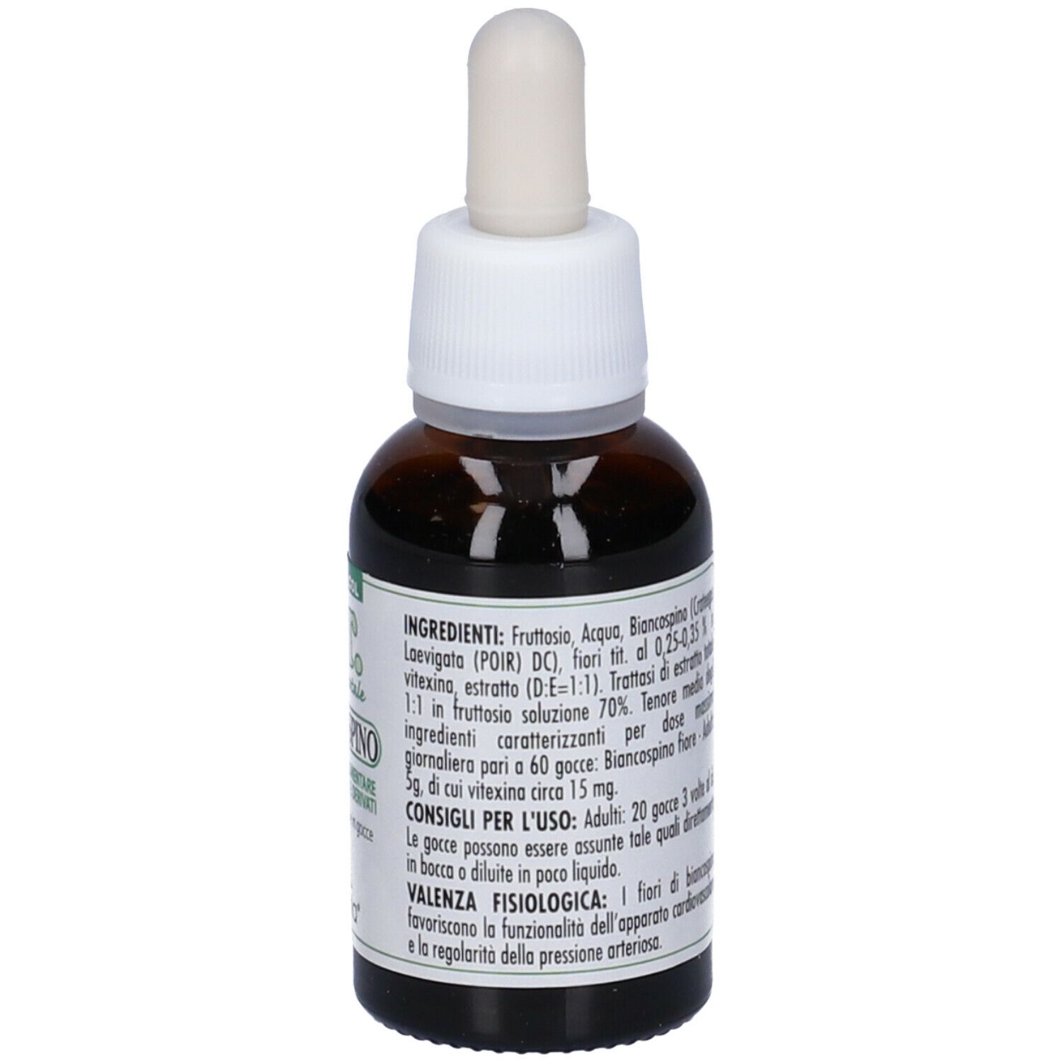 Flacone di vetro marrone con contagocce bianco. Scritta: E.T. - estratto totale Biancospino. Marchio: Lemuria. Sigillo vegano. Istruzioni per l'uso.
