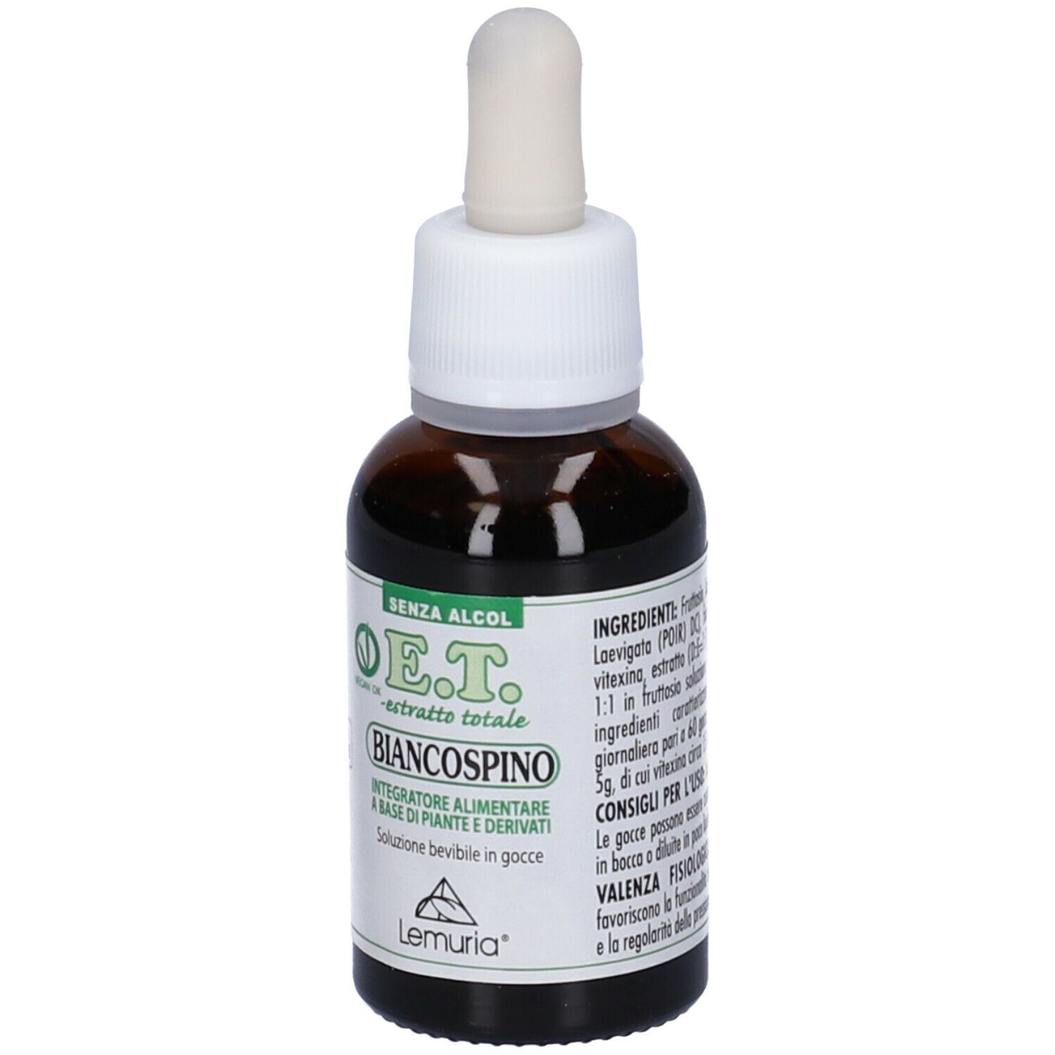 Flacone di vetro marrone con contagocce bianco. Scritta: E.T. - estratto totale Biancospino. Marchio: Lemuria. Sigillo vegano. Senza alcool.
