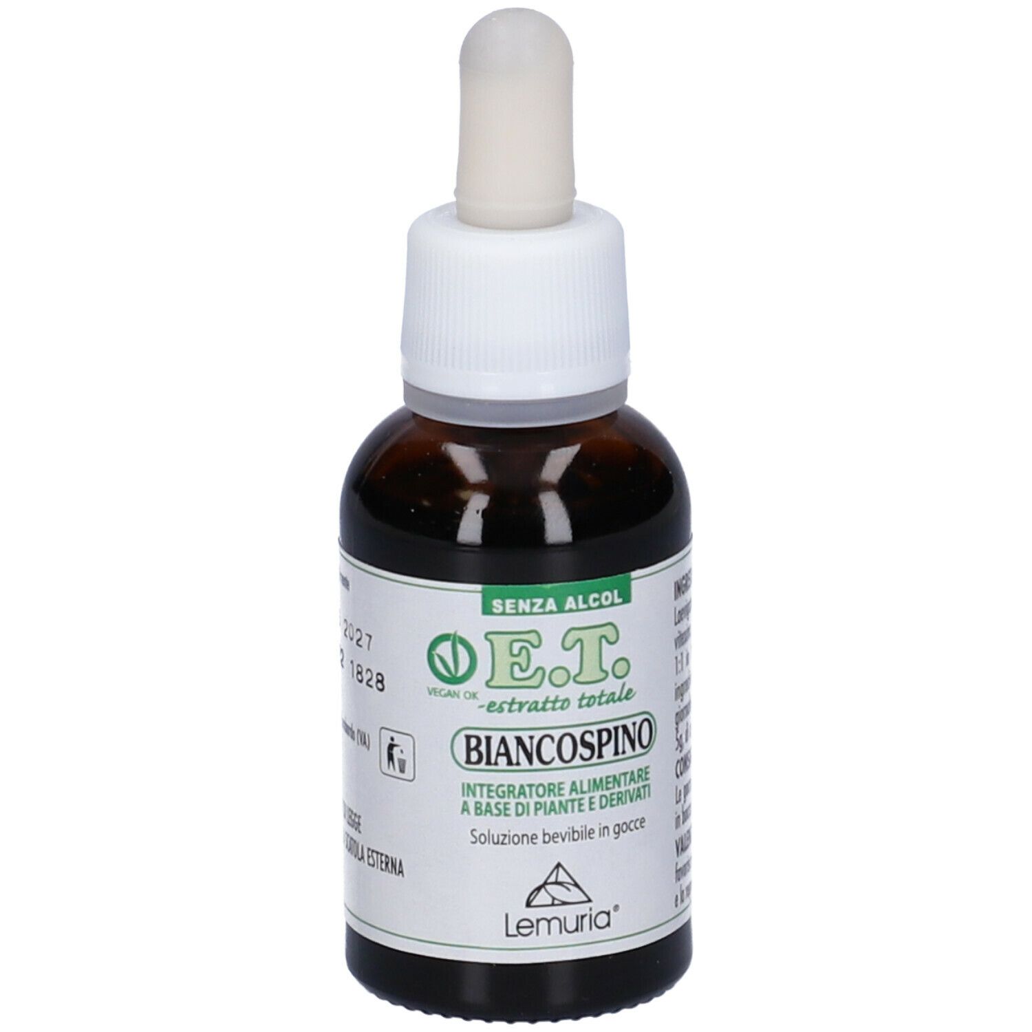 Flacone di vetro marrone con contagocce bianco. Scritta: E.T. - estratto totale Biancospino. Marchio: Lemuria. Sigillo vegano. Senza alcool.