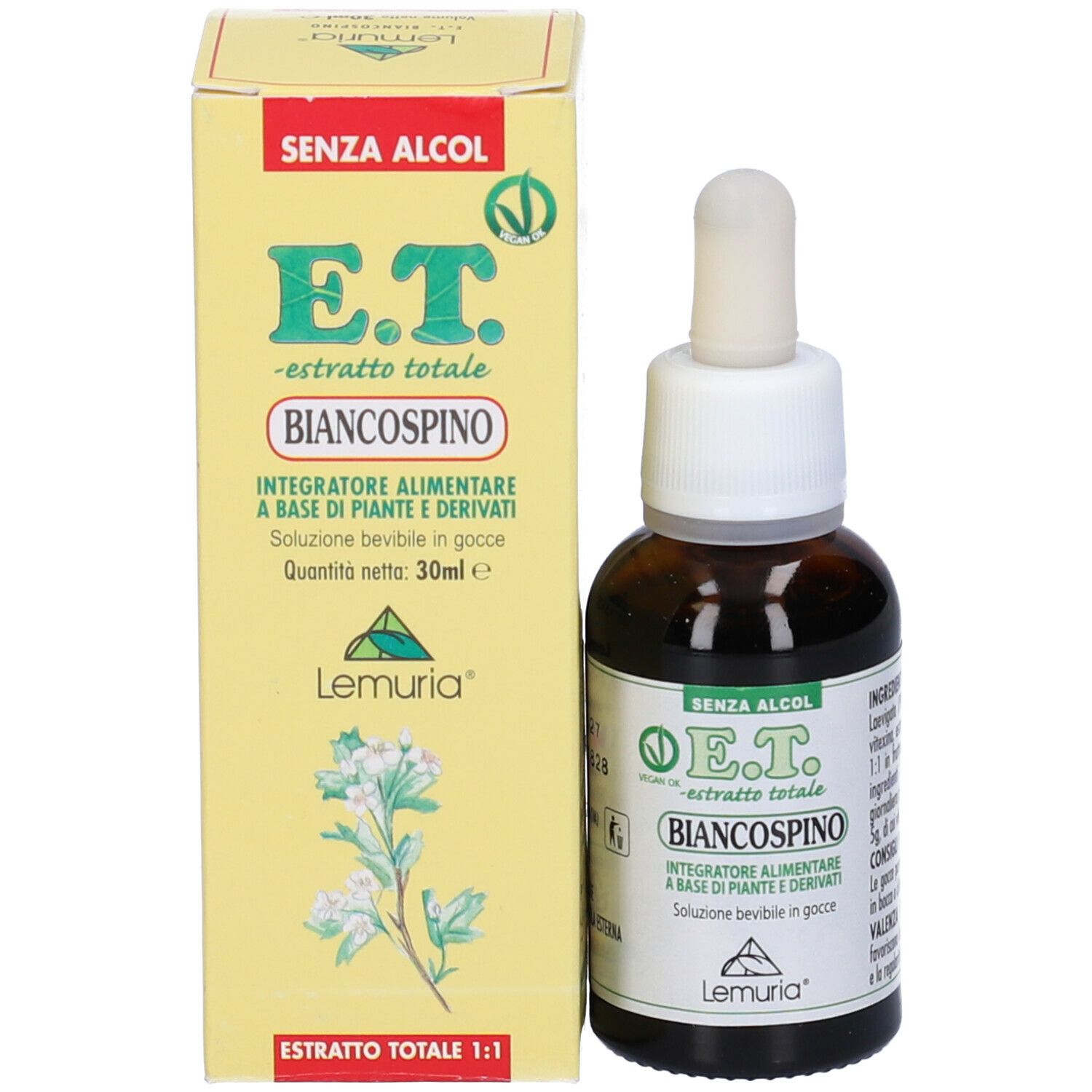 Flacone e confezione del prodotto. Flacone di vetro marrone con contagocce bianco. Confezione gialla con scritta: E.T. Biancospino.