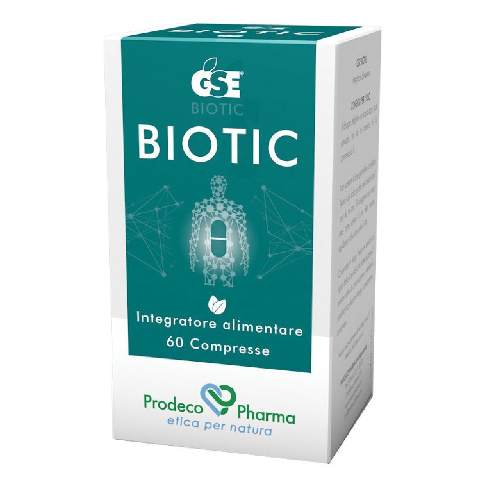 Scatola bianca con GSE Biotic. Scritta: Biotic, 60 compresse. Logo e scritta Prodeco Pharma.