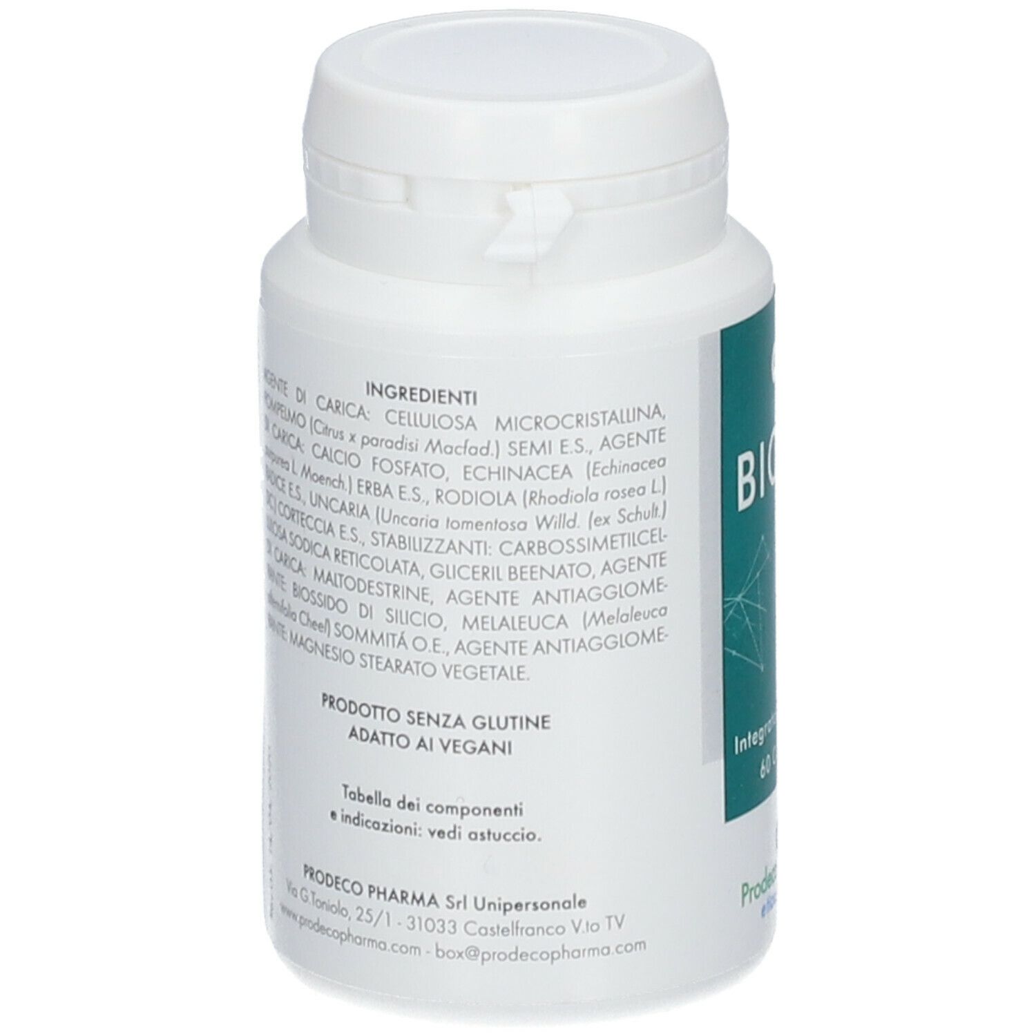 Flacone bianco con GSE Biotic. Scritta: Ingredienti. Testo in italiano. Tappo a vite.