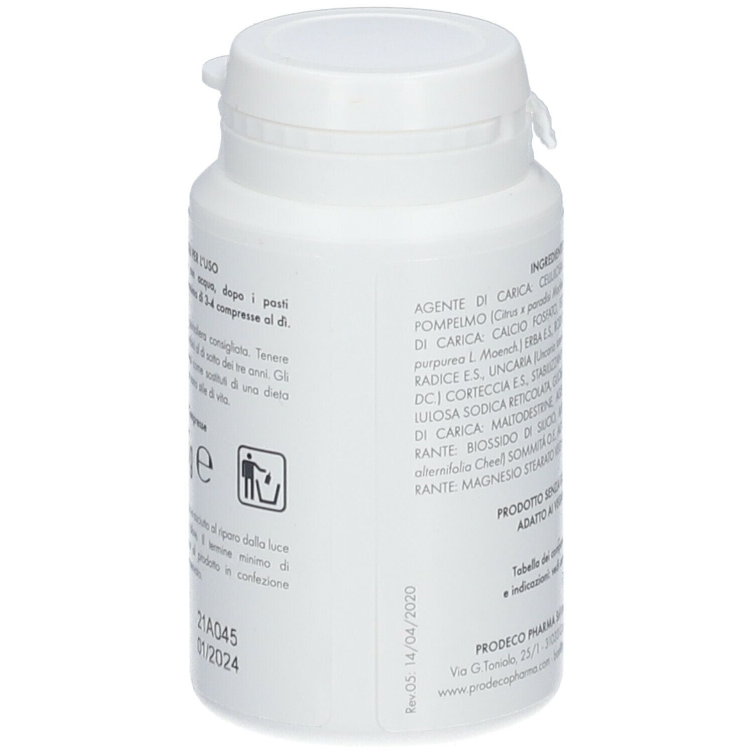 Flacone bianco con GSE Biotic. Testo in italiano. Tappo a vite. Simbolo di riciclaggio.