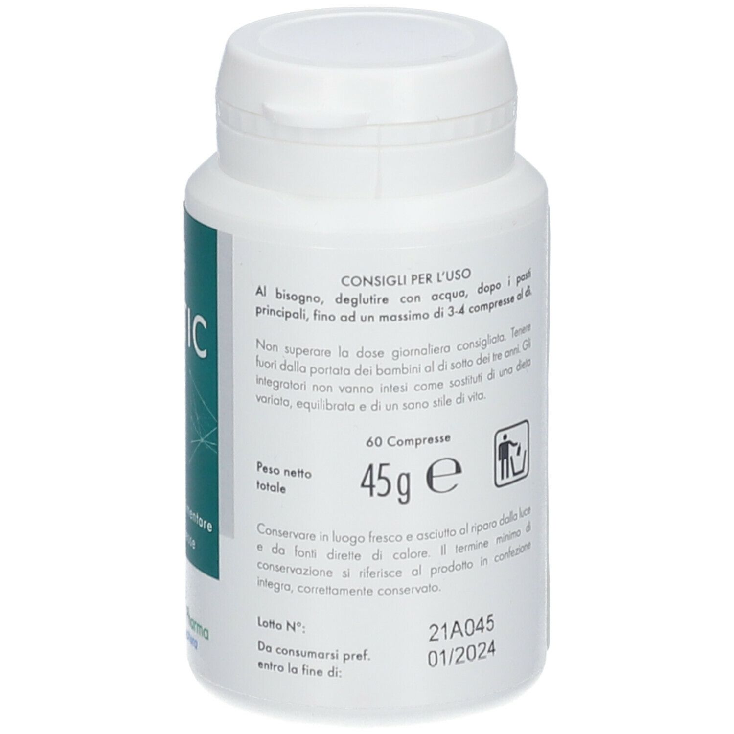 Flacone bianco con GSE Biotic. Scritta: 60 compresse, 45g. Testo in italiano. Tappo a vite.