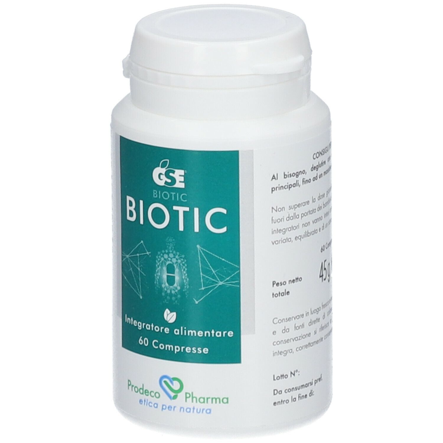 Flacone bianco con GSE Biotic. Scritta: Biotic, 60 compresse. Testo in italiano. Tappo a vite.