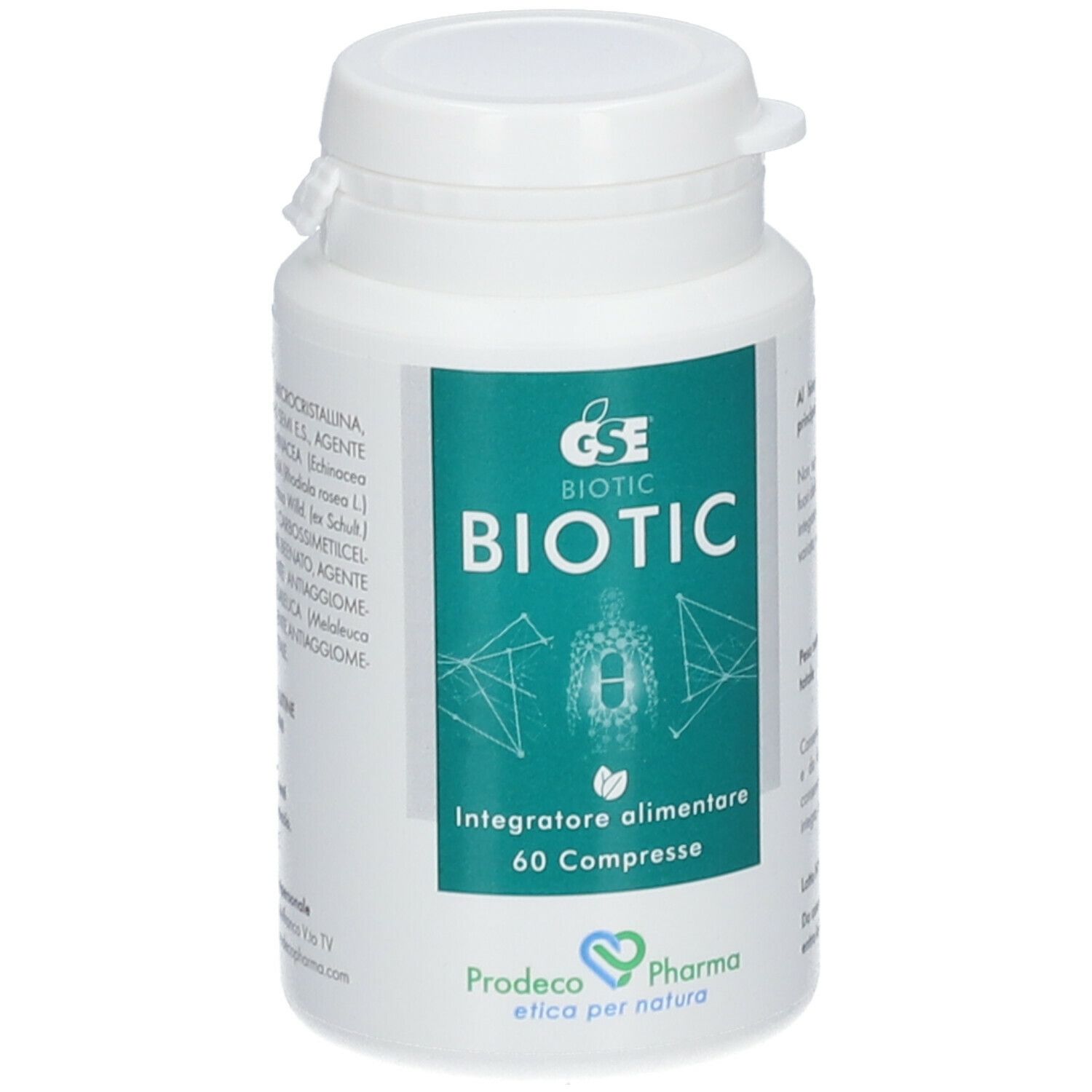 Flacone bianco con GSE Biotic. Scritta: Biotic, 60 compresse. Testo in italiano. Tappo a vite.