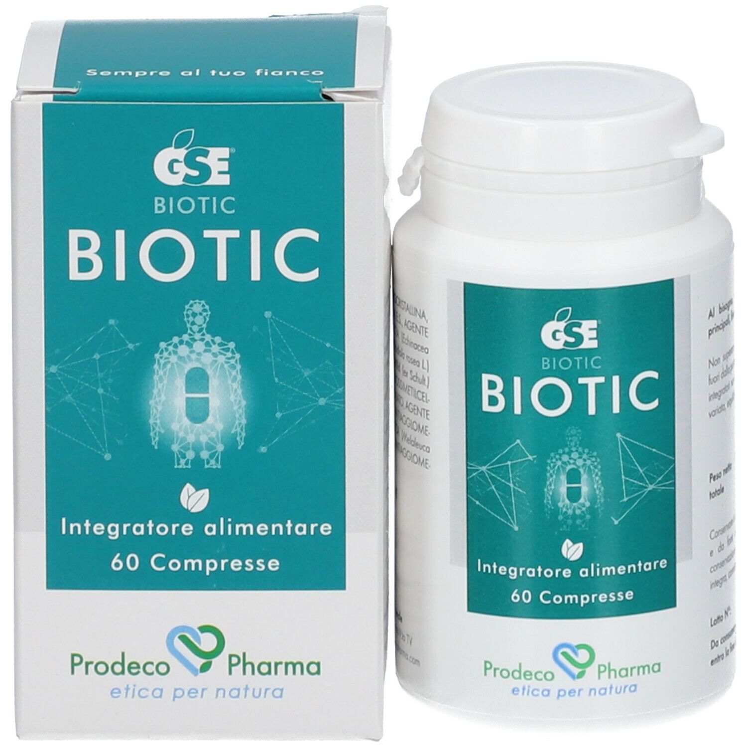 Confezione e flacone GSE Biotic. Scritta: Biotic, 60 compresse. Testo in italiano. Tappo a vite.