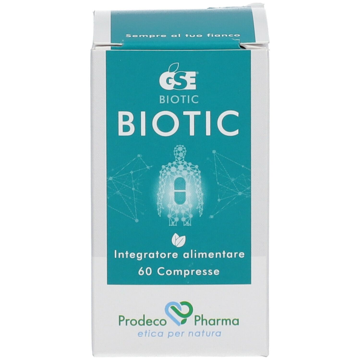 Scatola bianca con GSE Biotic. Scritta: Biotic, 60 compresse. Logo e scritta Prodeco Pharma.