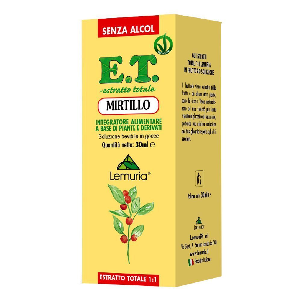 Scatola gialla con scritta E.T. -estratto totale Mirtillo. Sigillo vegano. Illustrazione pianta. Testo: Integratore alimentare.