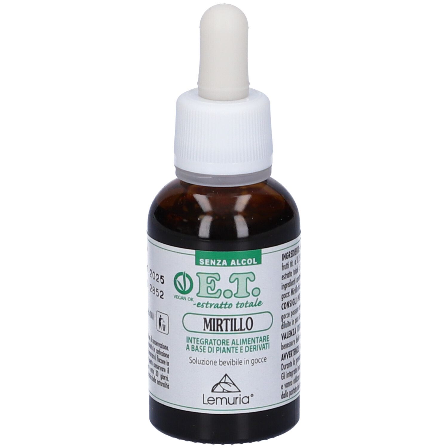 Flacone di vetro marrone con contagocce bianco. Scritta E.T. -estratto totale Mirtillo. Sigillo vegano. Testo: Integratore alimentare.