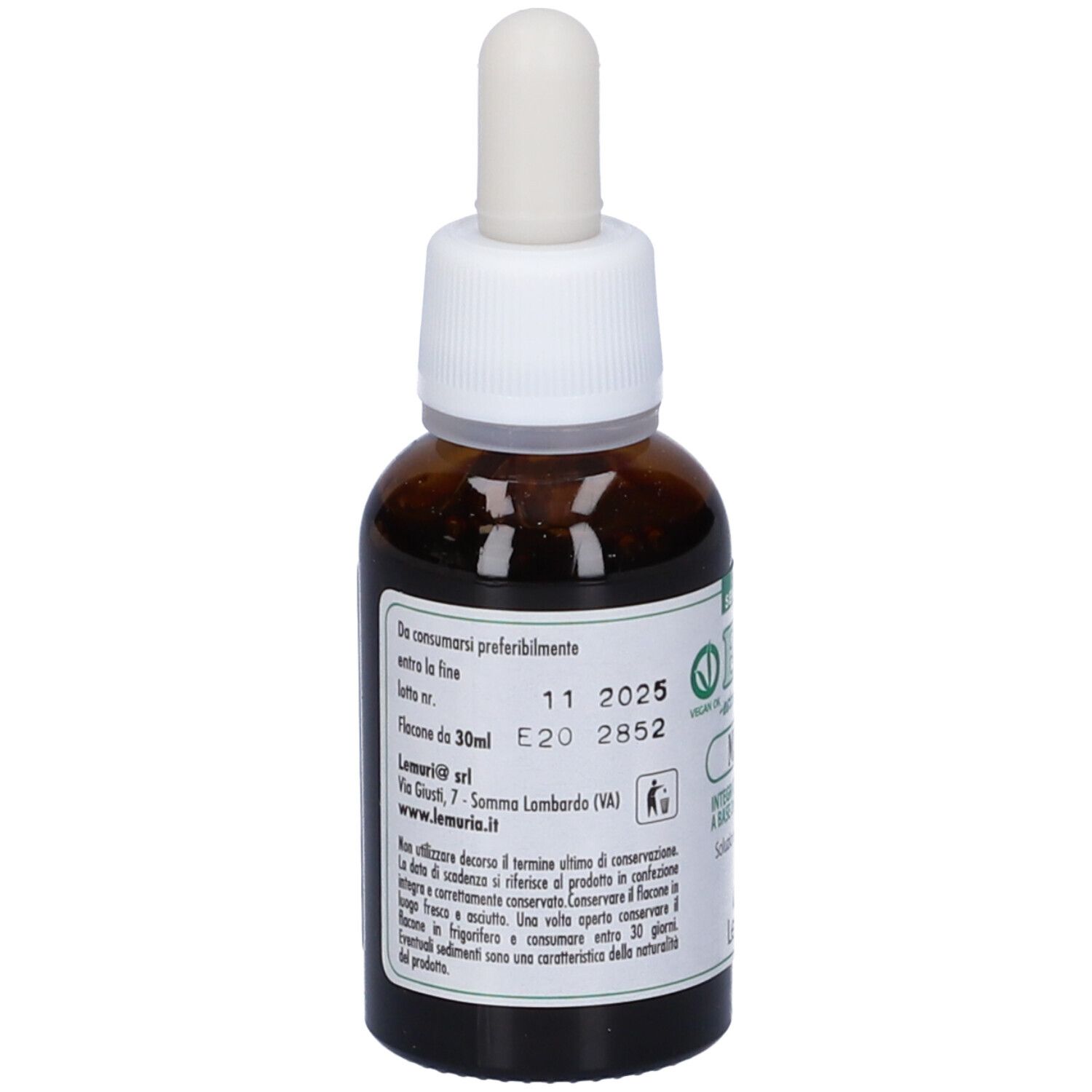 Flacone di vetro marrone con contagocce bianco. Scritta E.T. -estratto totale Mirtillo. Testo: Integratore alimentare. Testo sul retro.