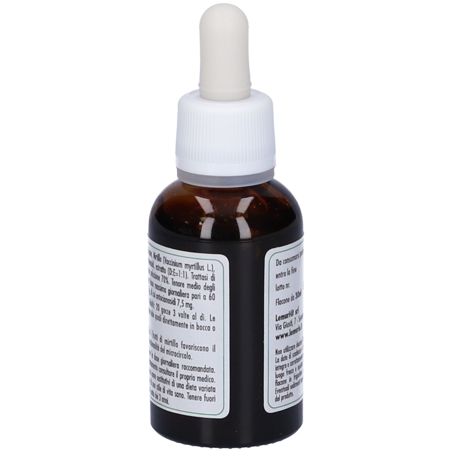 Flacone di vetro marrone con contagocce bianco. Scritta E.T. -estratto totale Mirtillo. Testo sul retro. Sigillo vegano.