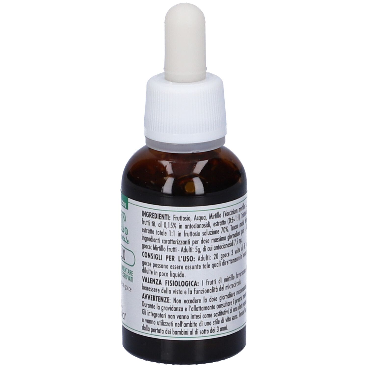 Flacone di vetro marrone con contagocce bianco. Scritta E.T. -estratto totale Mirtillo. Testo sul retro. Sigillo vegano.