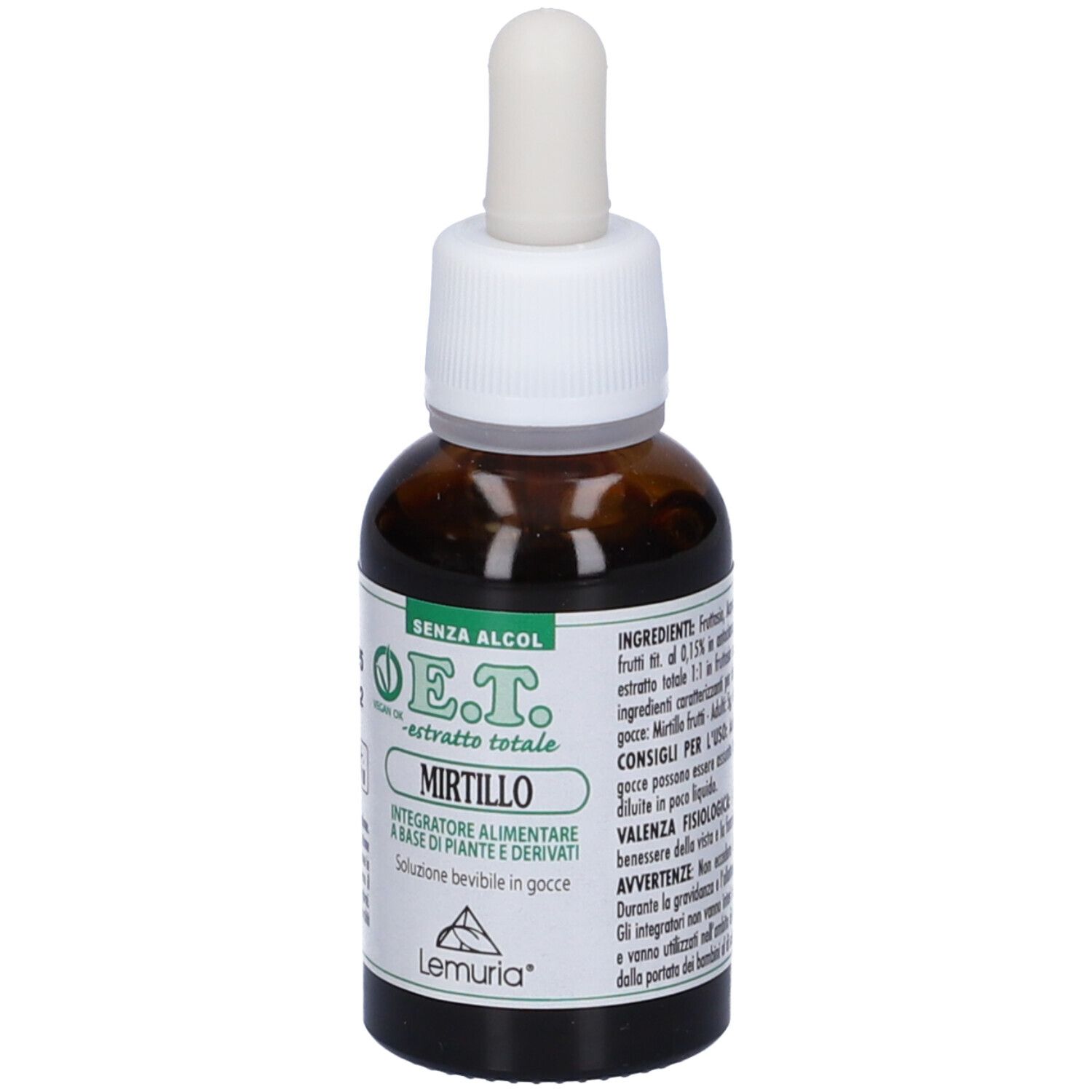 Flacone di vetro marrone con contagocce bianco. Scritta E.T. -estratto totale Mirtillo. Testo sul retro. Sigillo vegano.