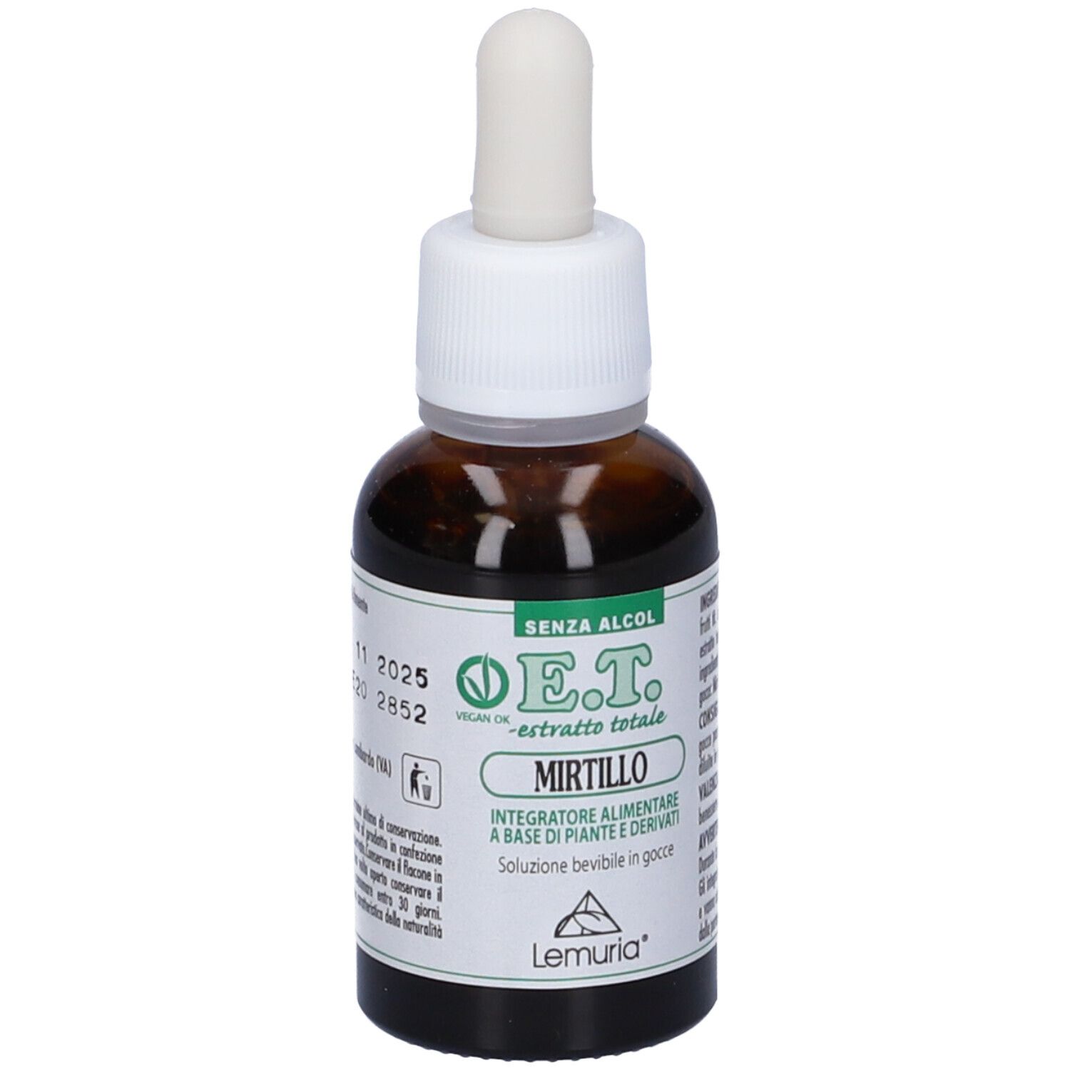Flacone di vetro marrone con contagocce bianco. Scritta E.T. -estratto totale Mirtillo. Testo sul retro. Sigillo vegano.