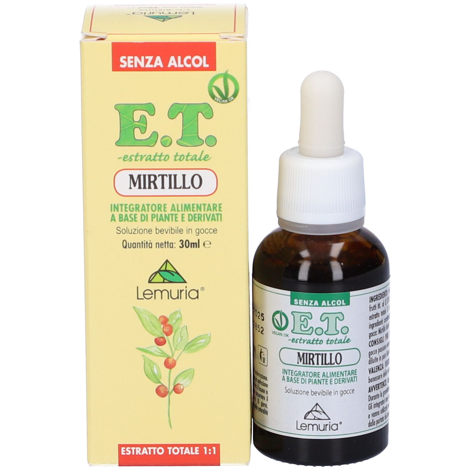 Flacone di vetro marrone con contagocce bianco e scatola gialla. Scritta E.T. -estratto totale Mirtillo. Sigillo vegano.