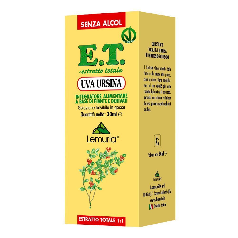 Scatola gialla con stampa del prodotto. Scritta: E.T. Uva Ursina, estratto. Sigillo vegano.