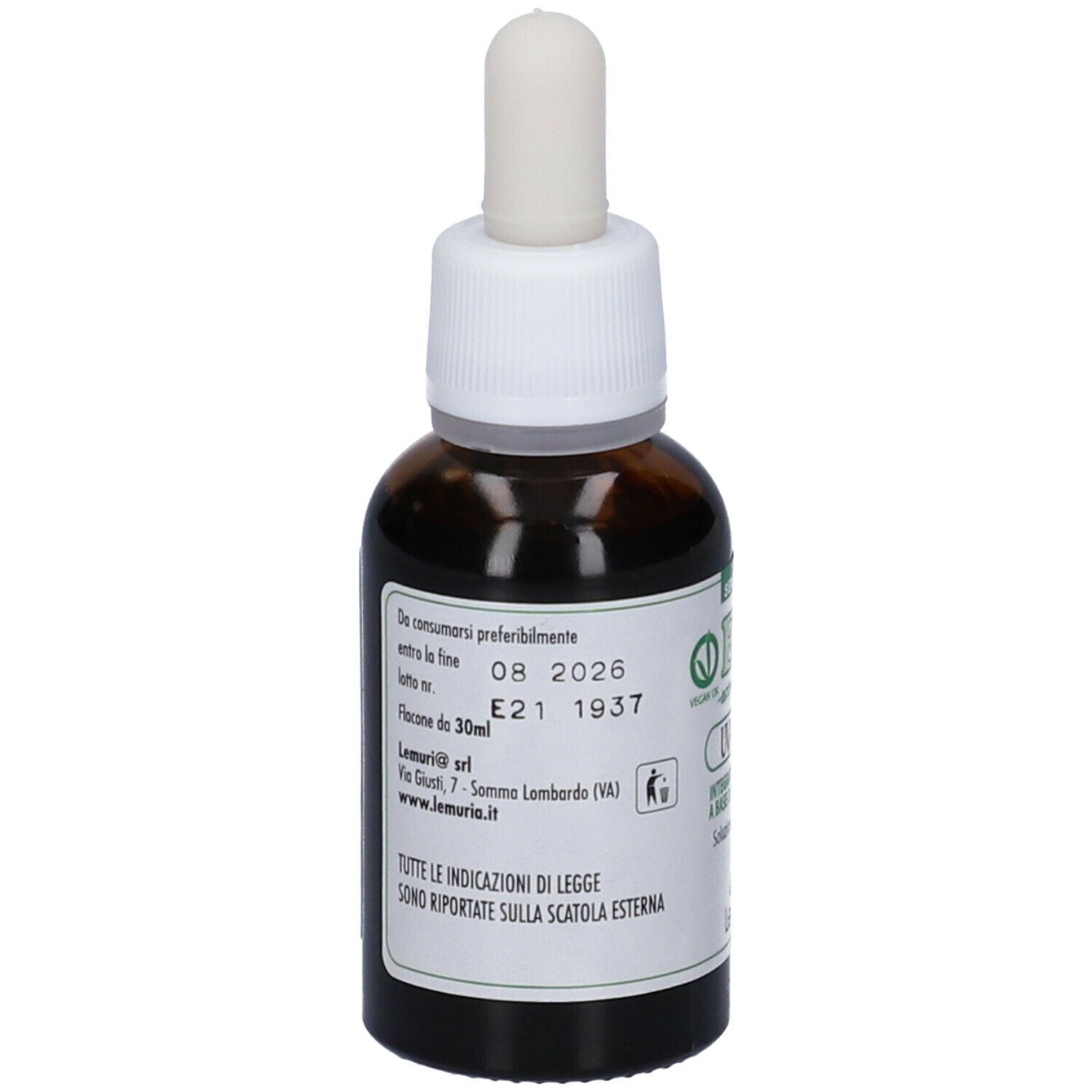 Flacone di vetro marrone con contagocce. Scritta: E.T. Uva Ursina, estratto. Sigillo vegano. Contagocce.