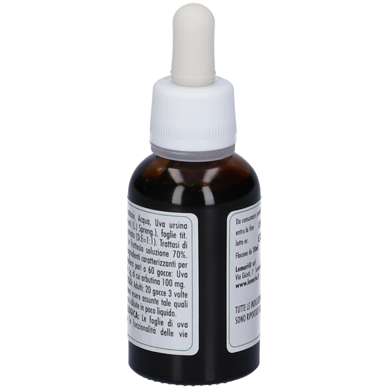 Flacone di vetro marrone con contagocce. Scritta: E.T. Uva Ursina, estratto. Sigillo vegano. Contagocce.