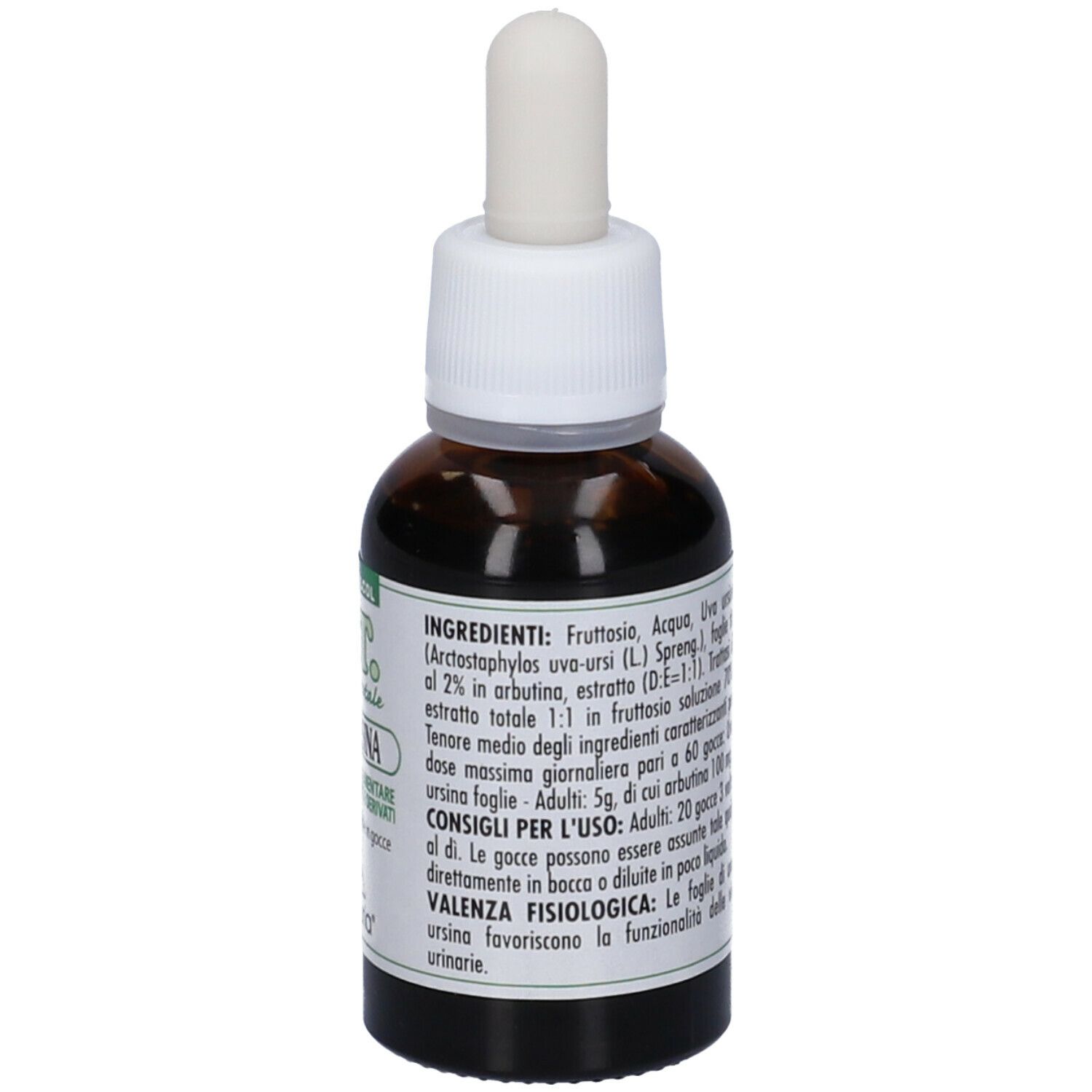 Flacone di vetro marrone con contagocce. Scritta: E.T. Uva Ursina, estratto. Sigillo vegano. Contagocce.