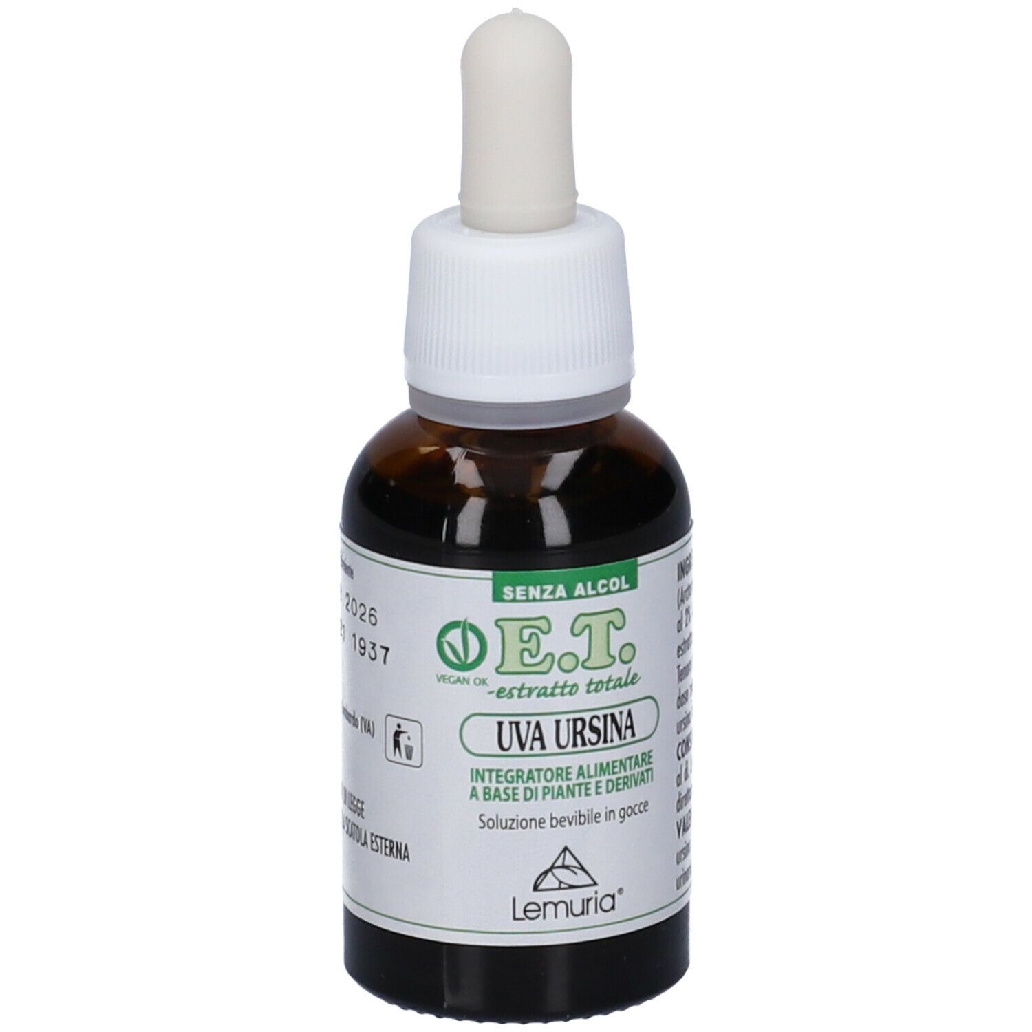 Flacone di vetro marrone con contagocce. Scritta: E.T. Uva Ursina, estratto. Sigillo vegano. Contagocce.