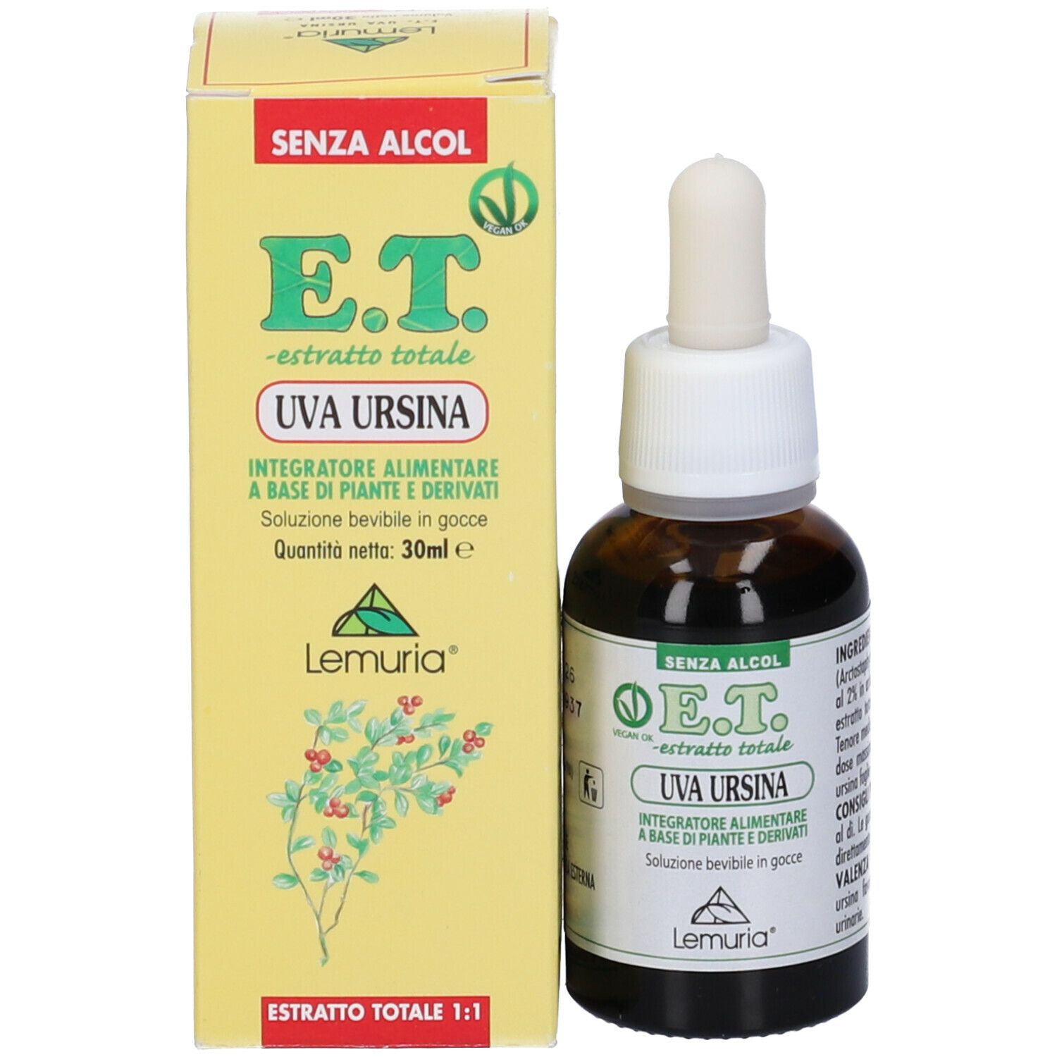 Flacone di vetro marrone con contagocce e scatola gialla. Scritta: E.T. Uva Ursina, estratto. Sigillo vegano.
