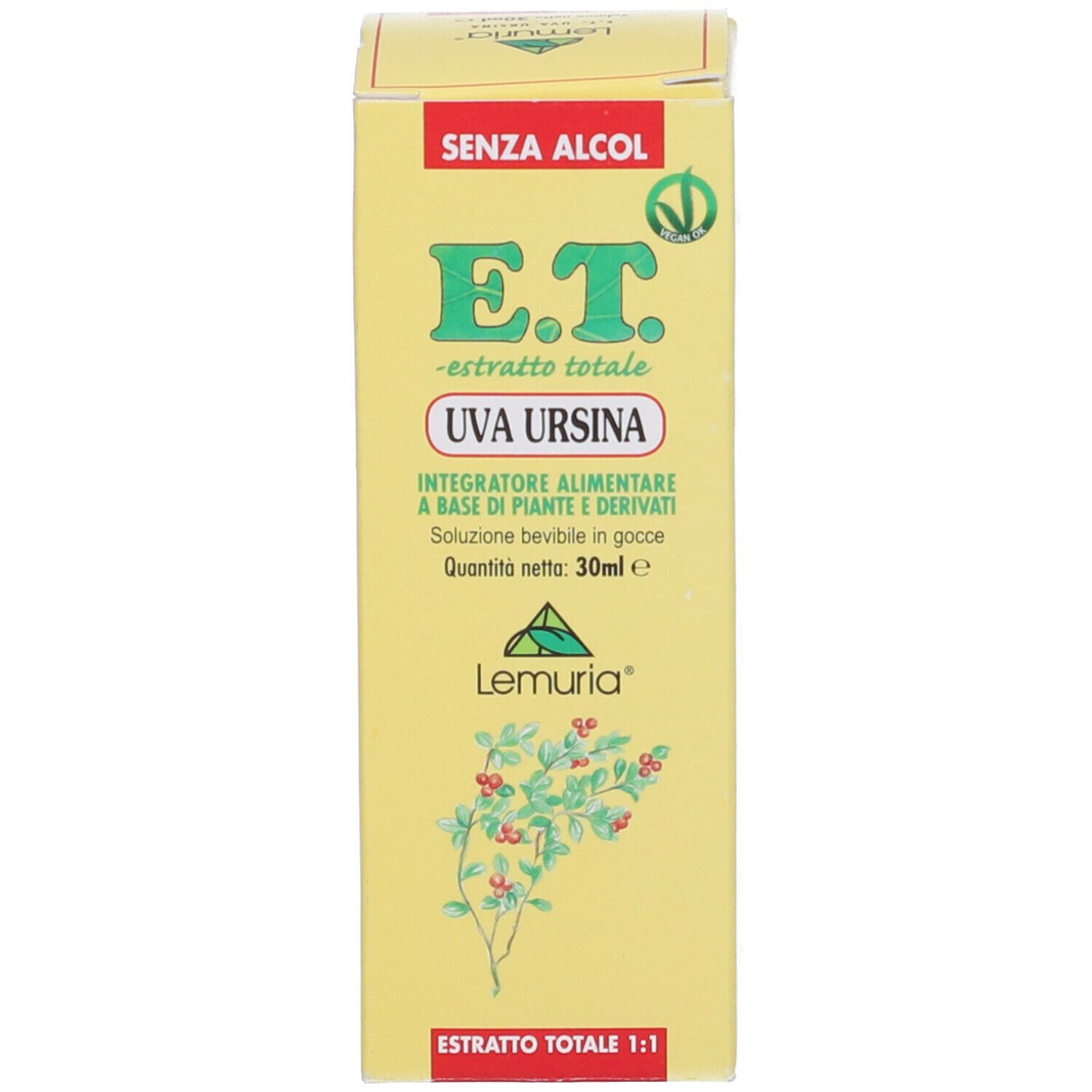 Scatola gialla con stampa del prodotto. Scritta: E.T. Uva Ursina, estratto. Sigillo vegano.