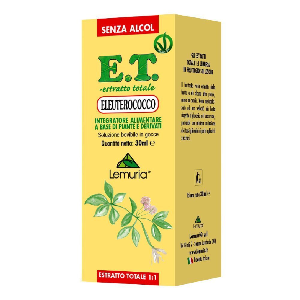 Scatola gialla con scritta 'E.T. - estratto totale ELEUTEROCOCCO'. Contiene un integratore alimentare.
