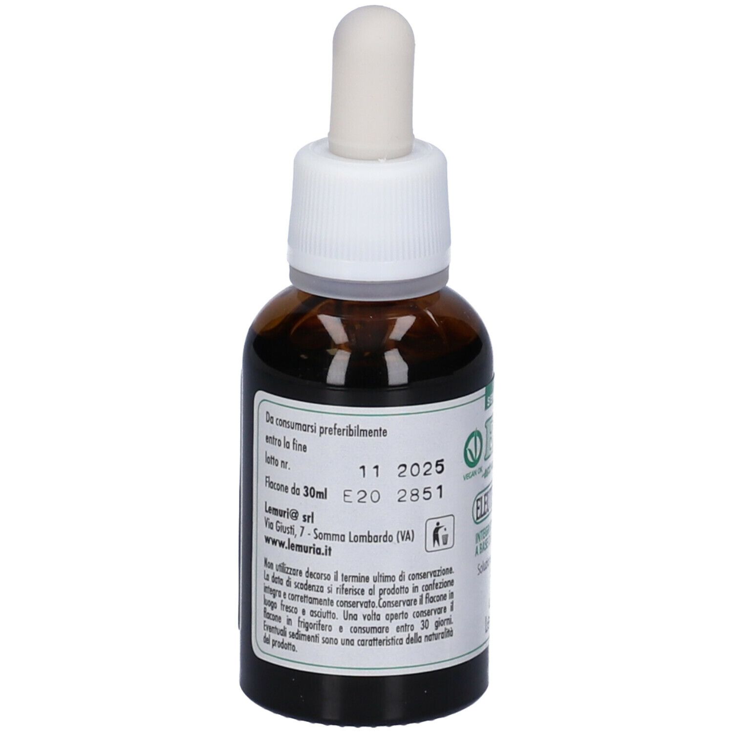Flacone di vetro marrone con pipetta. Scritta: 'Flacone da 30ml'. Etichetta con informazioni.