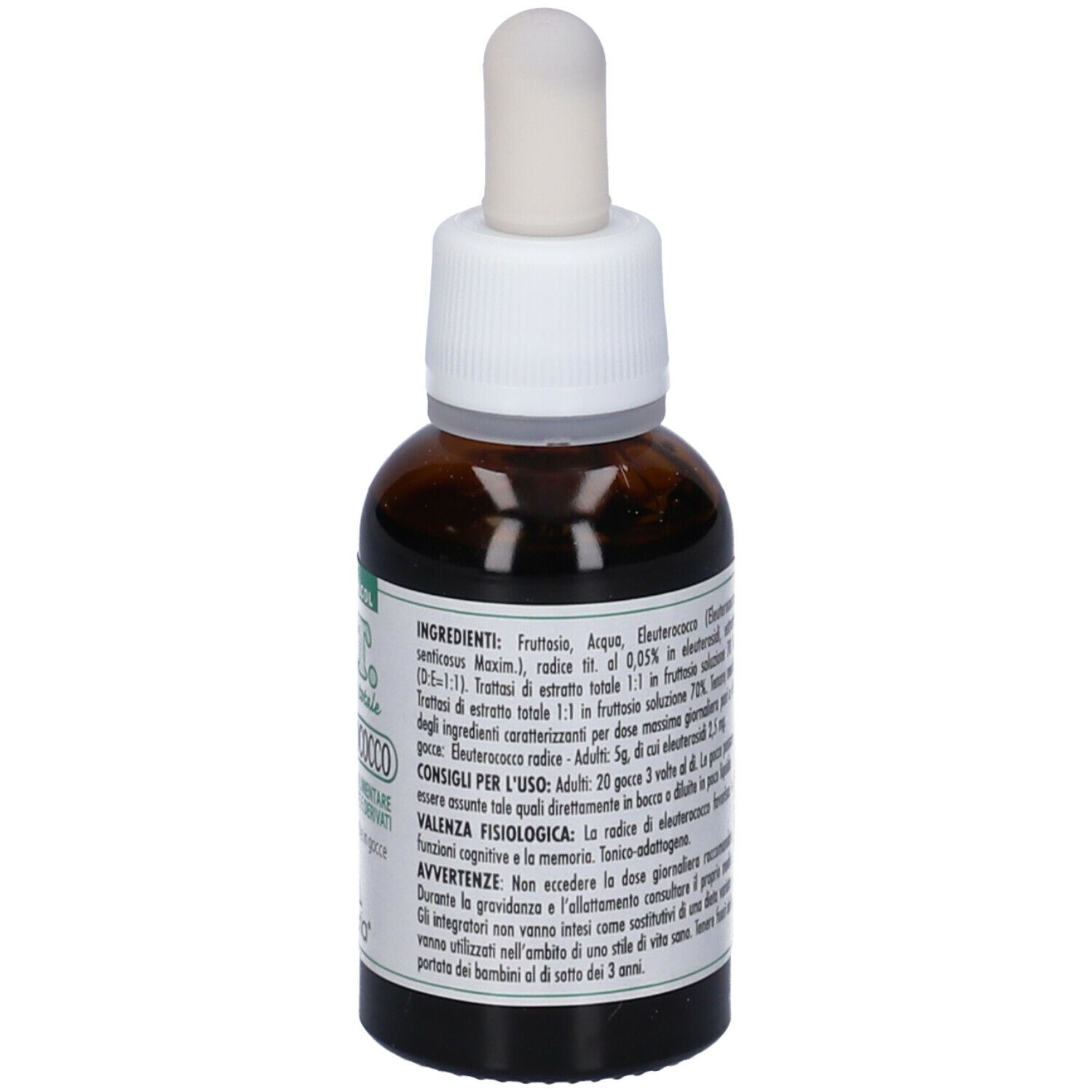 Flacone di vetro marrone con pipetta. Etichetta con ingredienti, dosaggio e avvertenze.