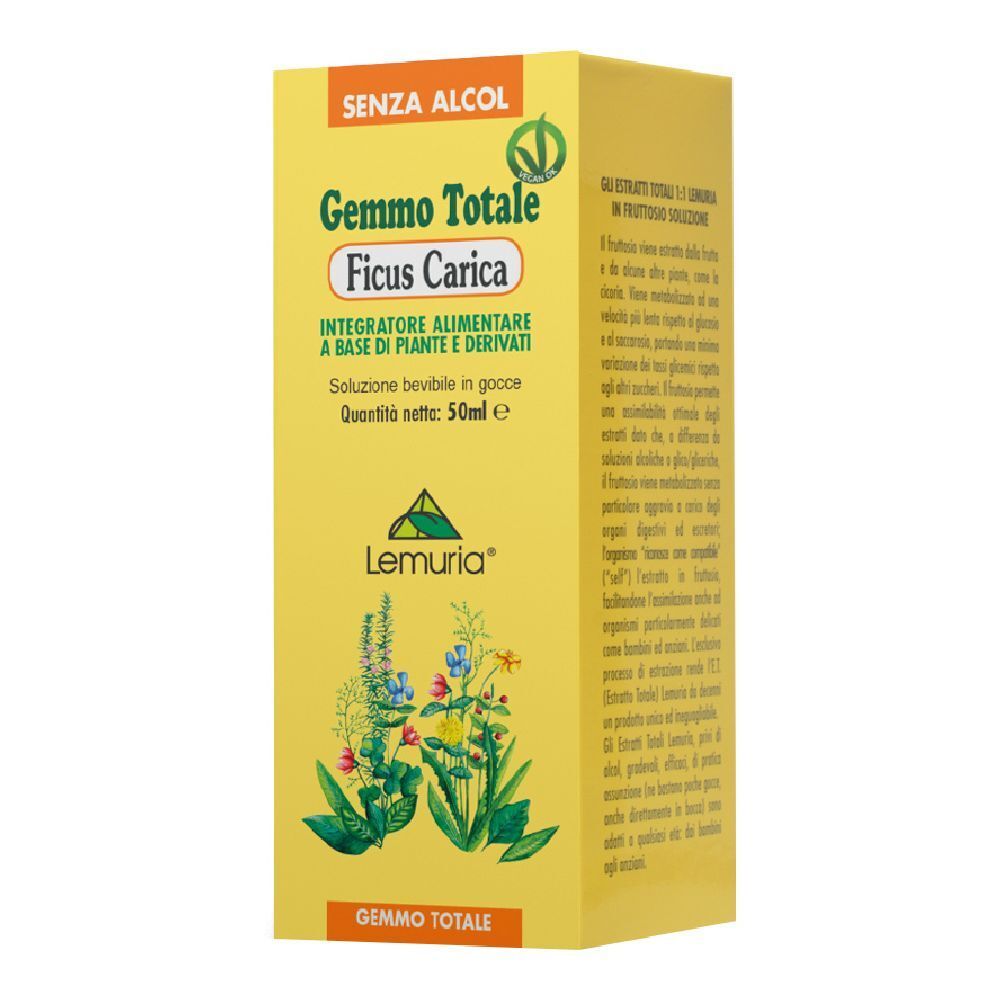 Scatola gialla con scritte. Gemmo Totale Ficus Carica. Marchio Lemuria. Sigillo vegano.