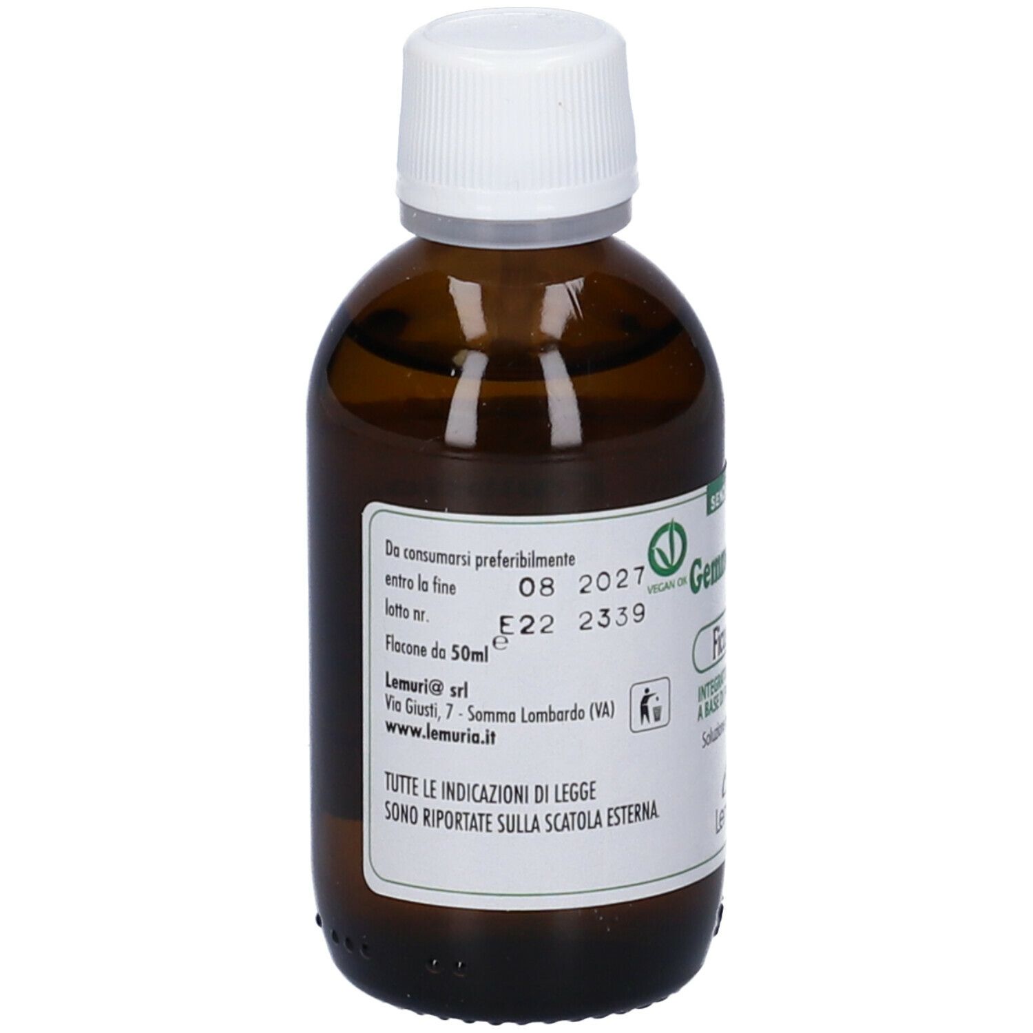 Flacone di vetro marrone con tappo bianco. Scritta: Gemmo Totale. Sigillo vegano. Scadenza 08 2027.