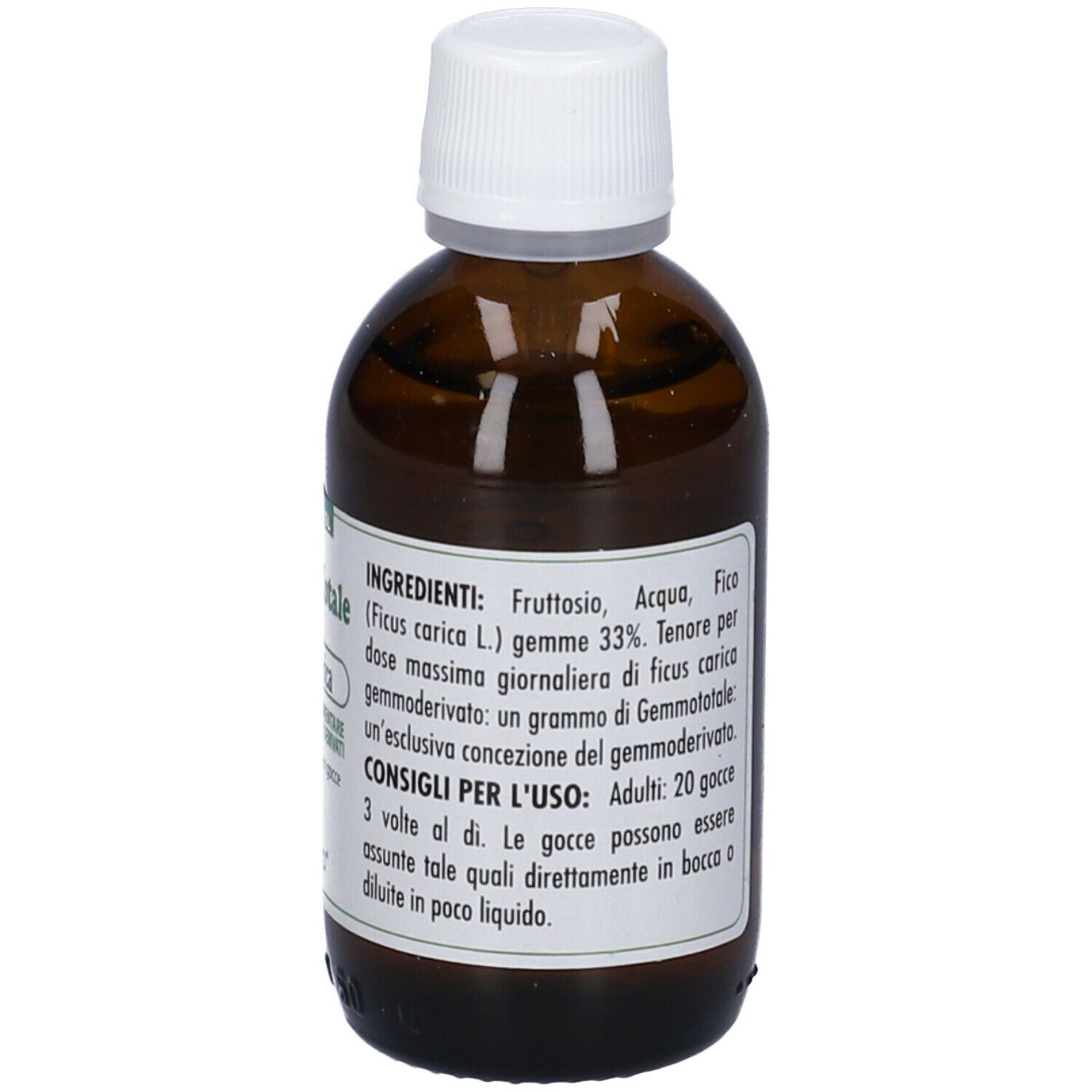 Flacone di vetro marrone con tappo bianco. Scritta: Gemmo Totale. Sigillo vegano. Elenco ingredienti e istruzioni.