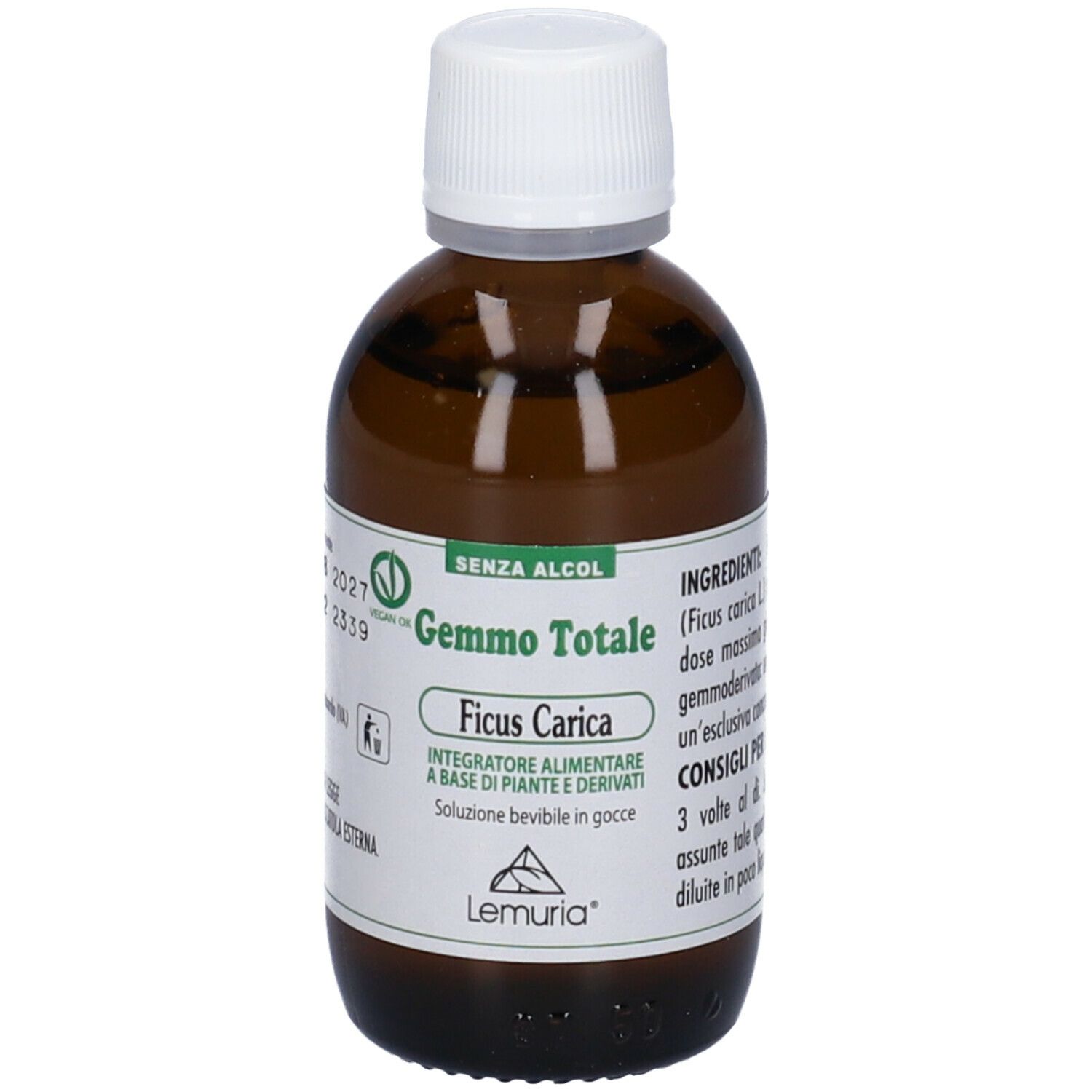 Flacone di vetro marrone con tappo bianco. Scritta: Gemmo Totale Ficus Carica. Sigillo vegano. Marchio Lemuria.
