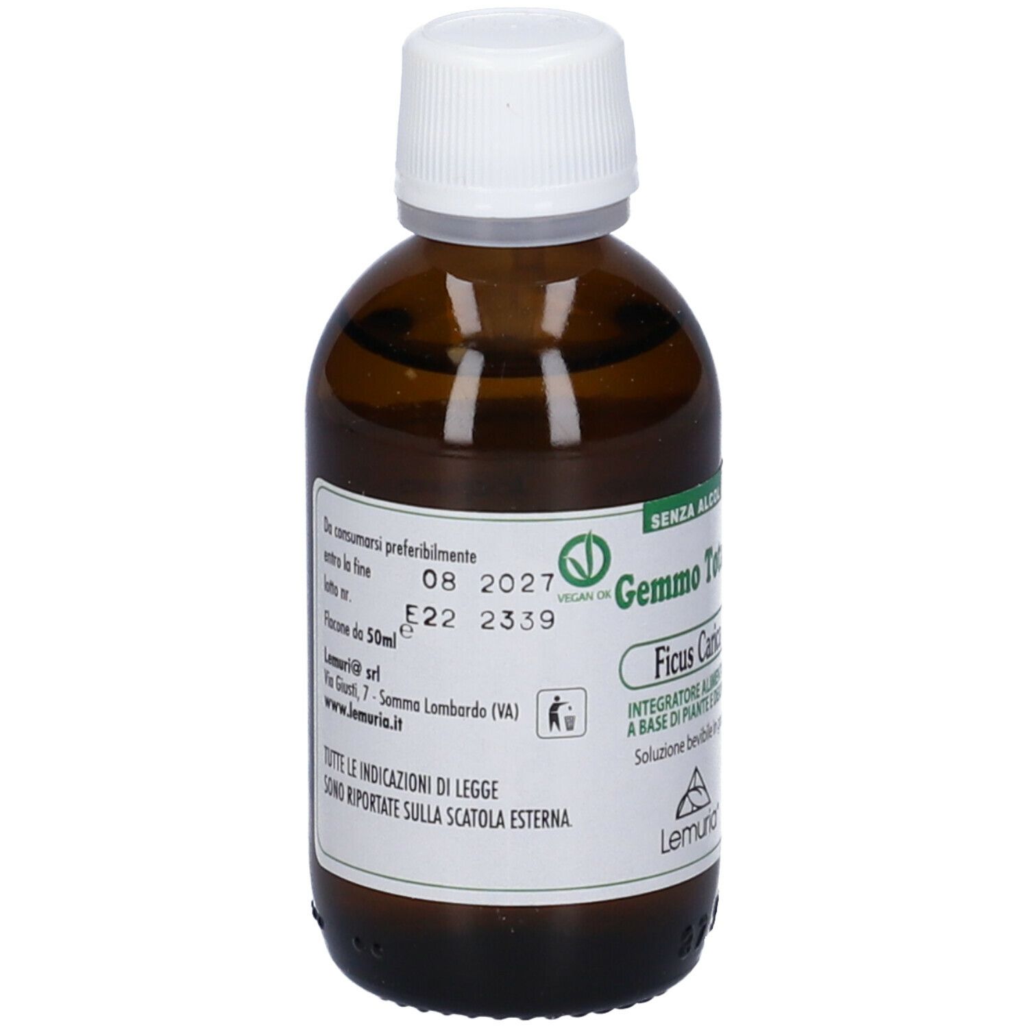 Flacone di vetro marrone con tappo bianco. Scritta: Gemmo Totale. Sigillo vegano. Scadenza 08 2027.
