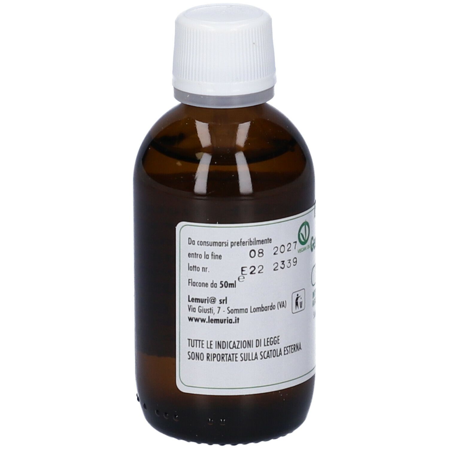 Flacone di vetro marrone con tappo bianco. Scritta: Gemmo Totale. Sigillo vegano. Scadenza 08 2027.