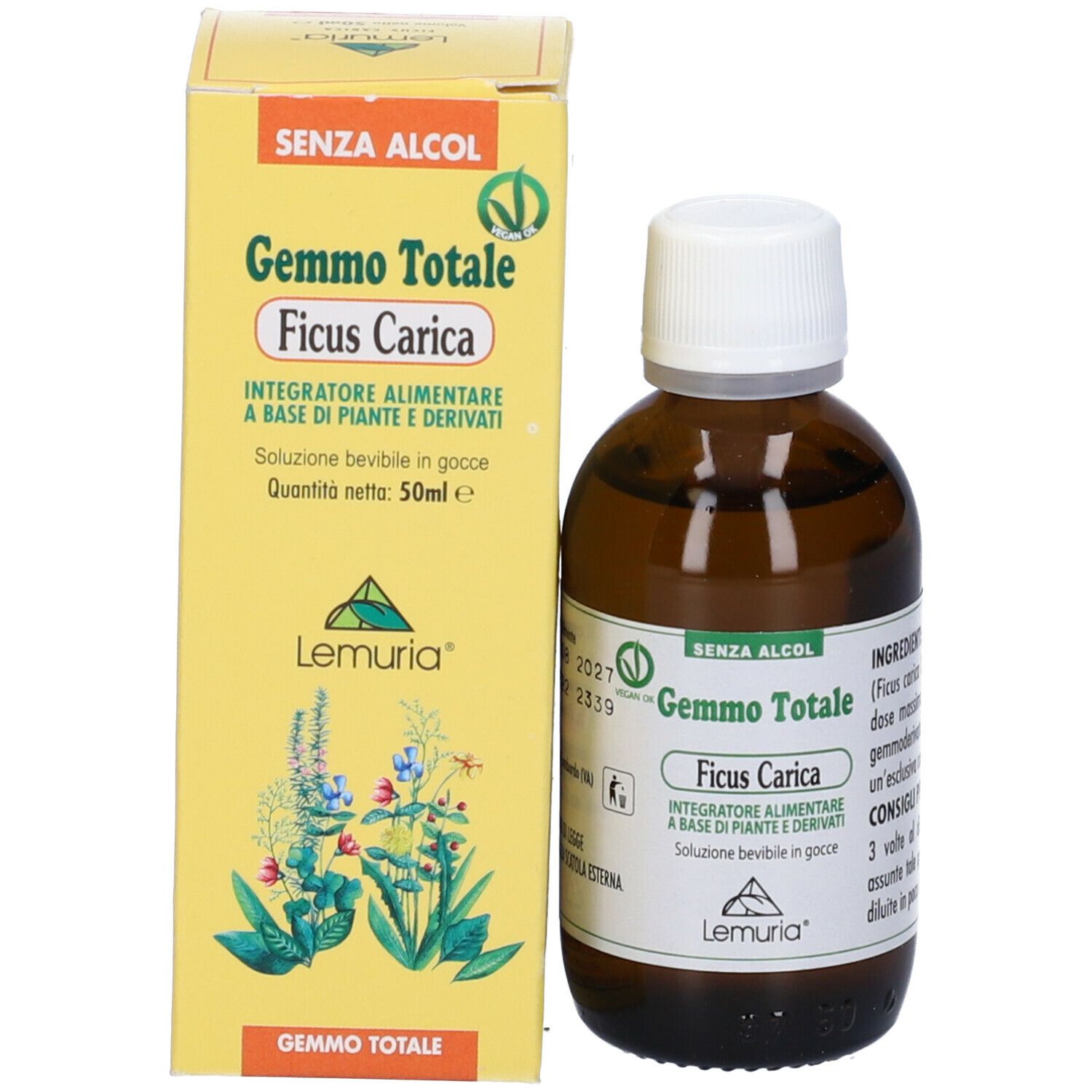 Confezione del prodotto: Scatola gialla e flacone di vetro marrone. Scritta: Gemmo Totale Ficus Carica. Marchio Lemuria.