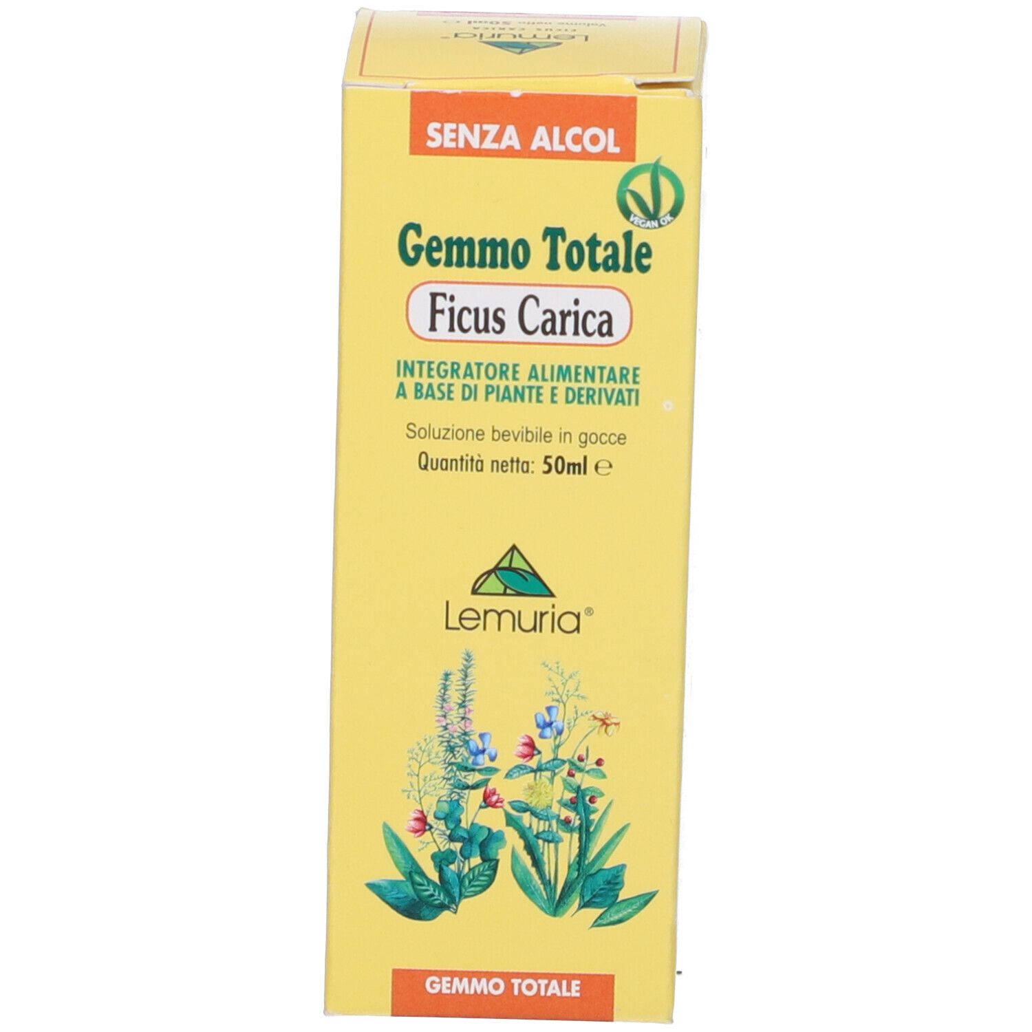 Scatola gialla con scritte. Gemmo Totale Ficus Carica. Marchio Lemuria. Sigillo vegano.