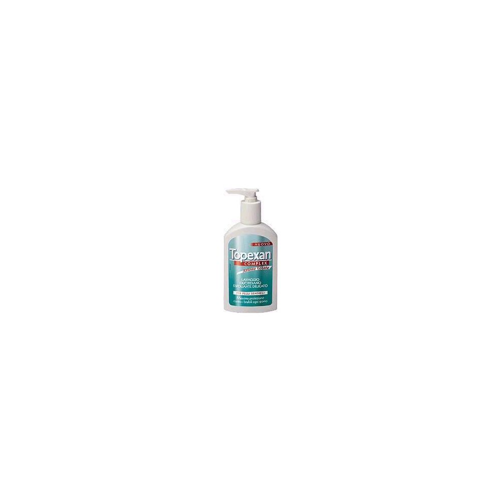 Flacone con dosatore. Scritta: Topexan. Etichetta verde e bianca. Prodotto per pelli sensibili.