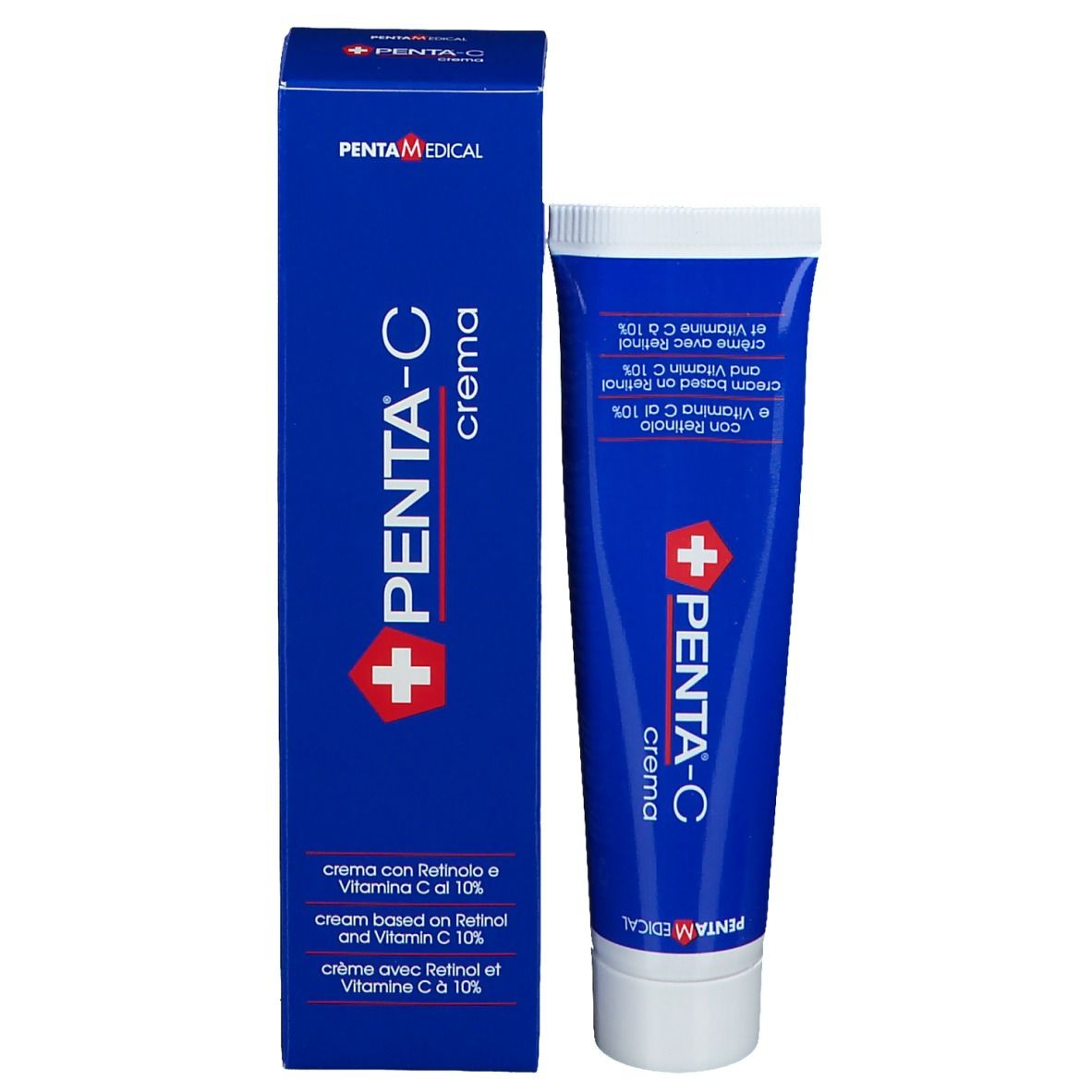 Scatola e tubo blu. La scatola indica PENTA-C crema. Il tubo è accanto.