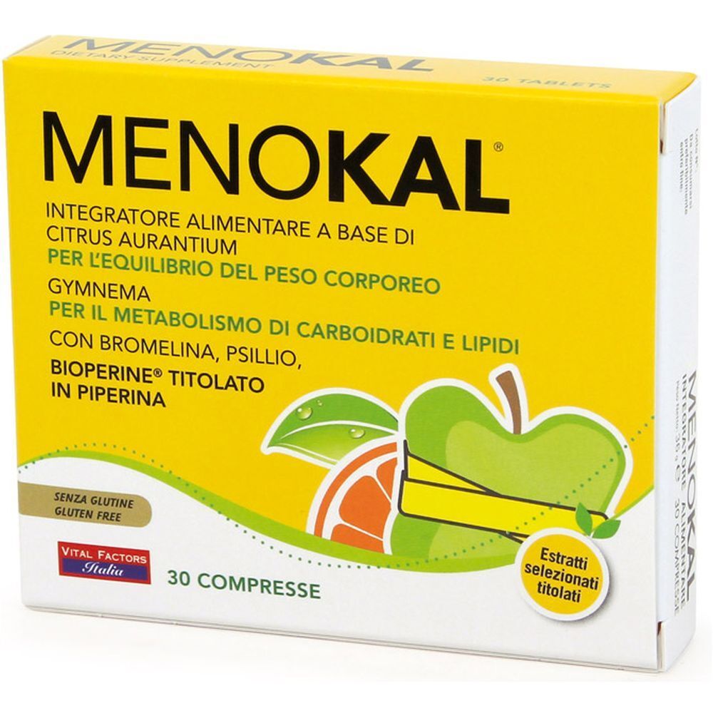 Scatola gialla "MENOKAL". Contiene 30 compresse. Scritte: "Senza glutine", "Vital Factors Italia". Illustrazione di frutta.