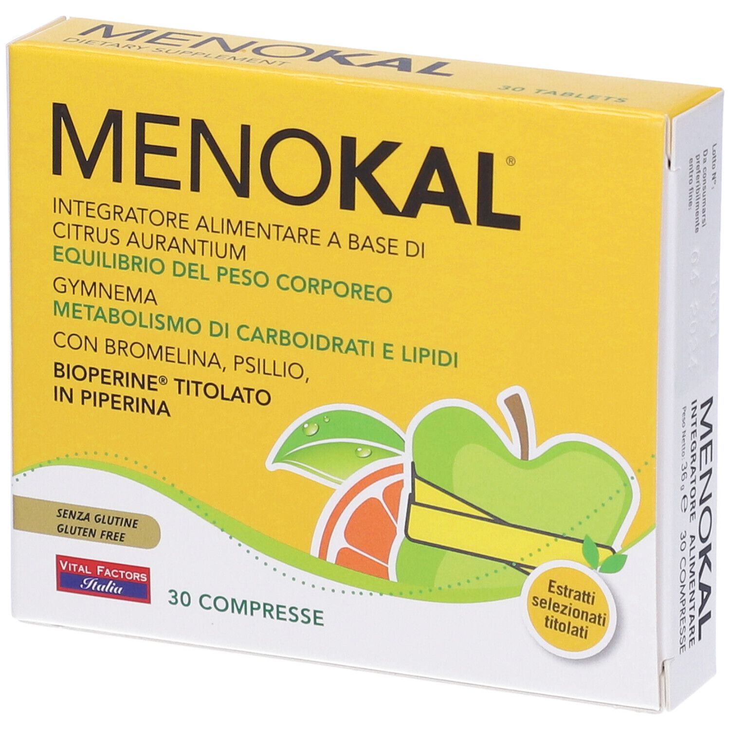 Scatola gialla "MENOKAL". Contiene 30 compresse. Scritte: "Senza glutine", "Vital Factors Italia". Illustrazione di frutta.