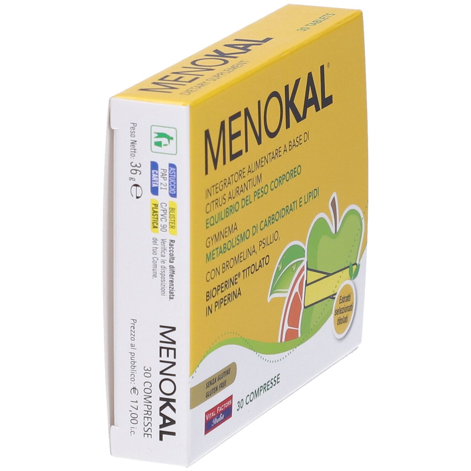 Scatola "MENOKAL" in prospettiva. Gialla con testo e illustrazioni. Contiene 30 compresse. Scritte: "Senza glutine".