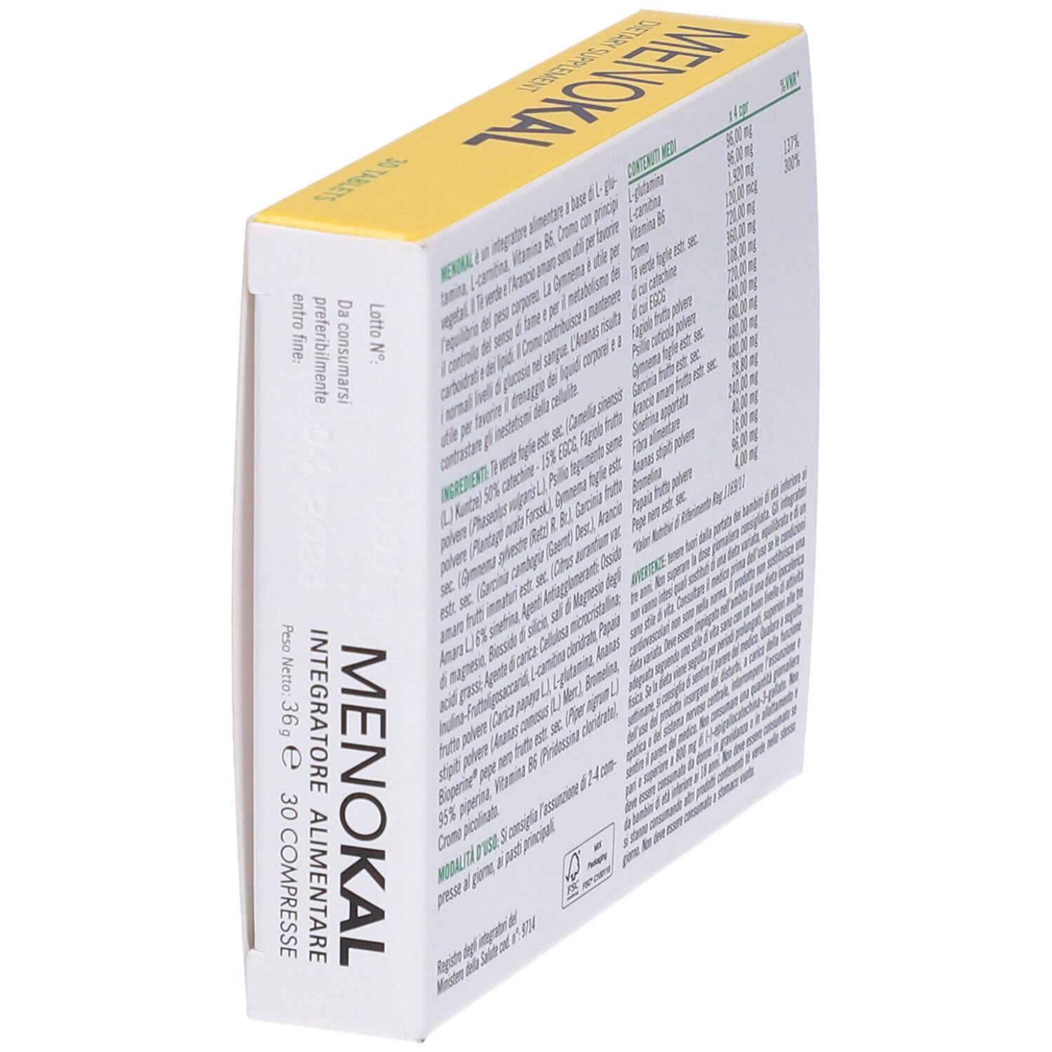 Scatola "MENOKAL" in prospettiva. Retro con ingredienti e testo. Testo in italiano.