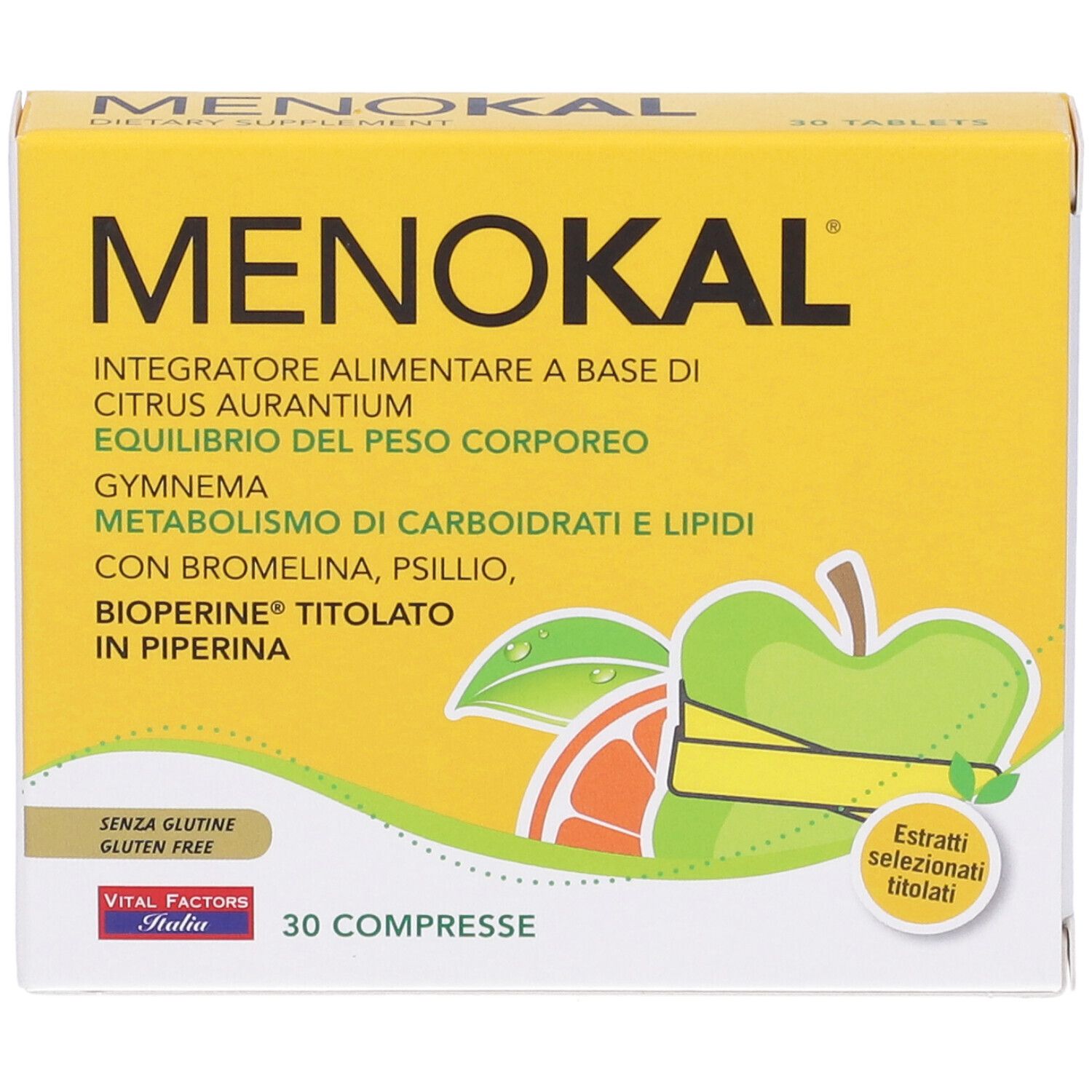 Scatola gialla "MENOKAL". Contiene 30 compresse. Scritte: "Senza glutine", "Vital Factors Italia". Illustrazione di frutta.