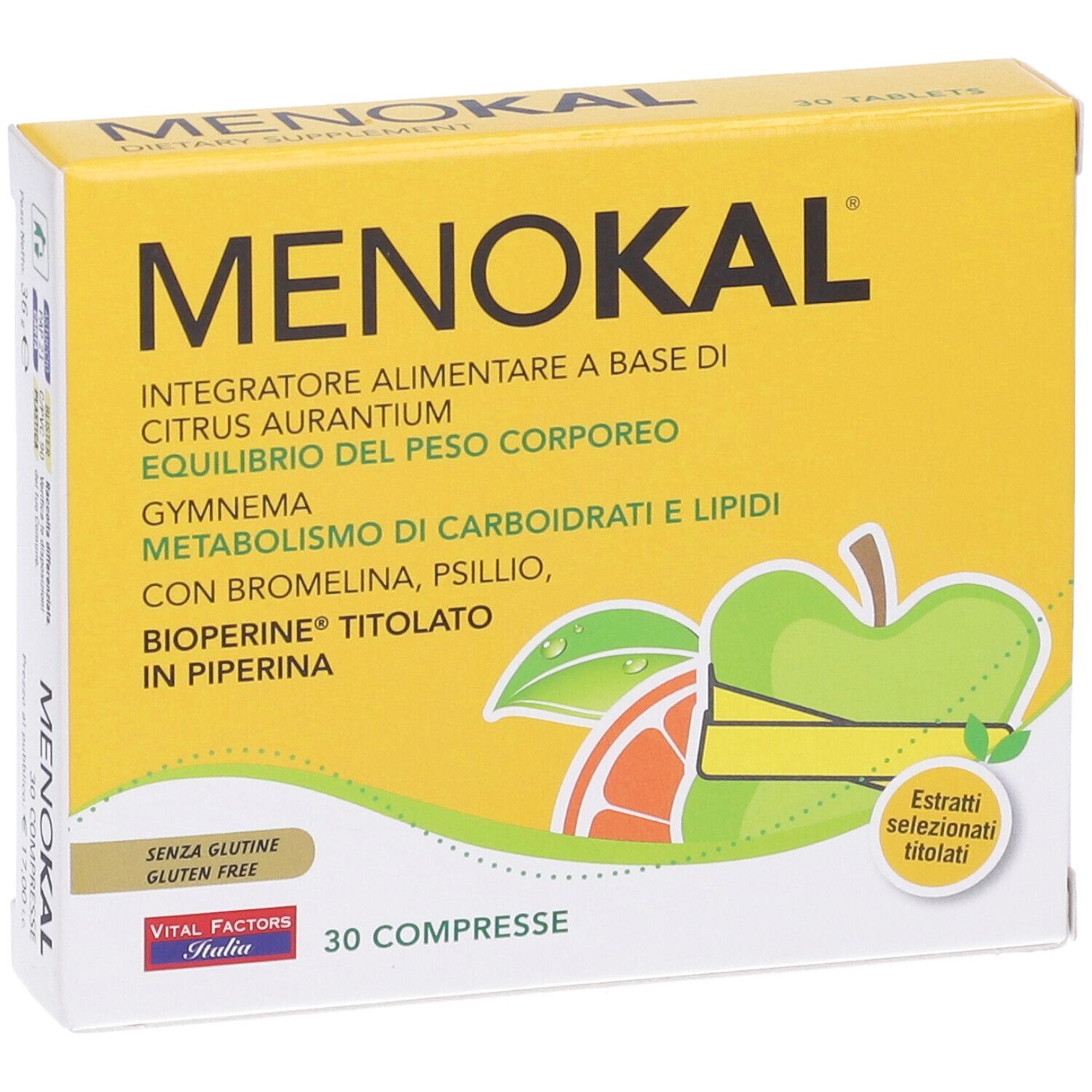 Scatola gialla "MENOKAL". Contiene 30 compresse. Scritte: "Senza glutine", "Vital Factors Italia". Illustrazione di frutta.