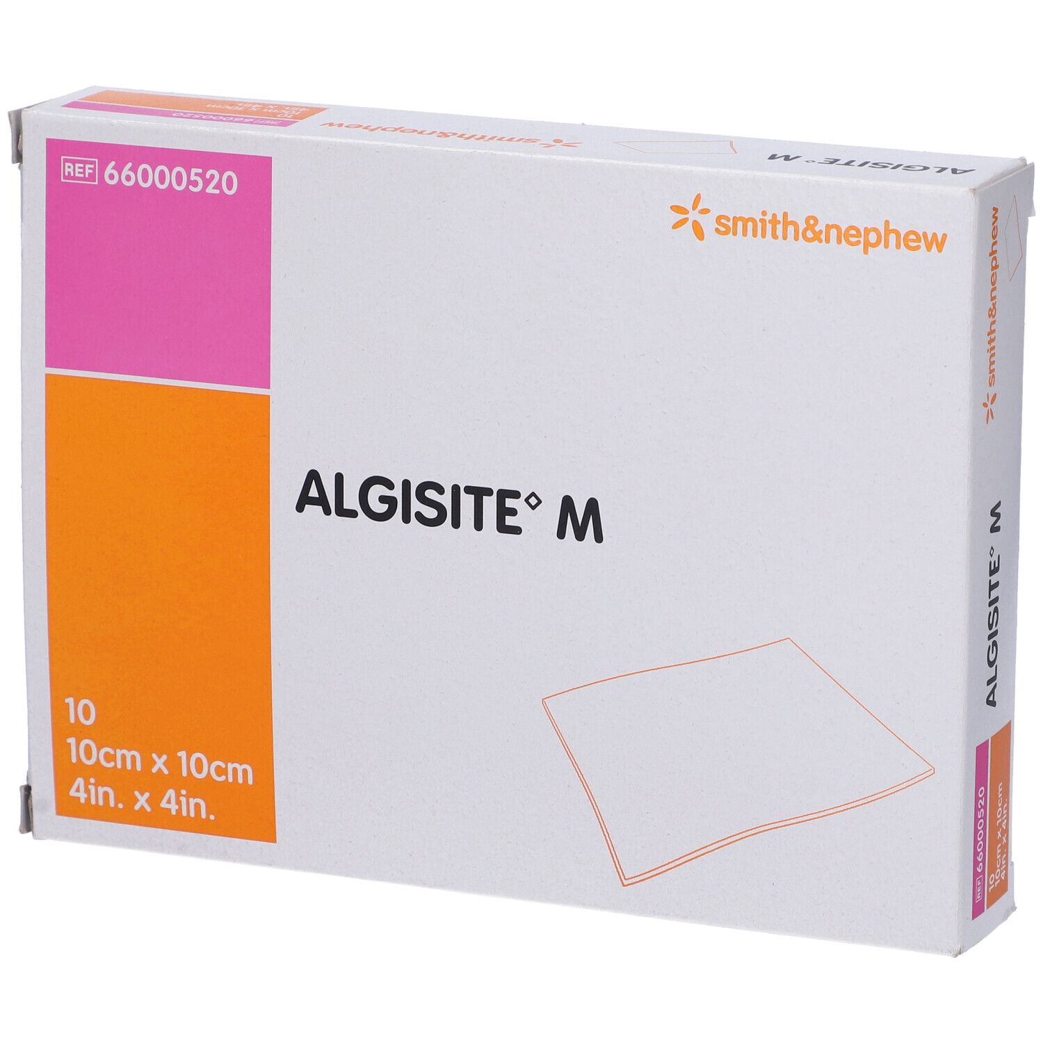 Confezione di Algisite M. Contiene 10 medicazioni 10x10cm. Marchio Smith & Nephew.