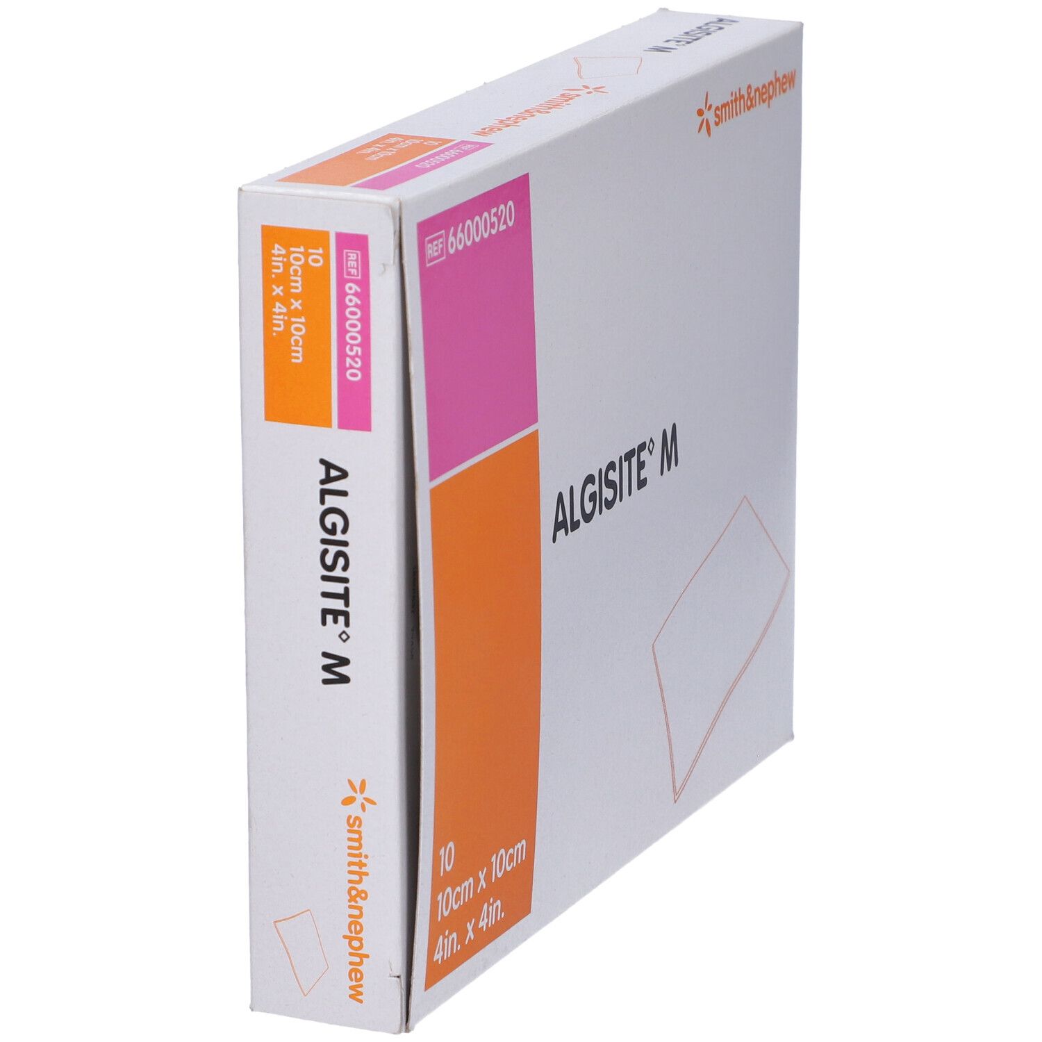 Vista obliqua della confezione Algisite M. Contiene 10 medicazioni 10x10cm. Marchio Smith & Nephew.