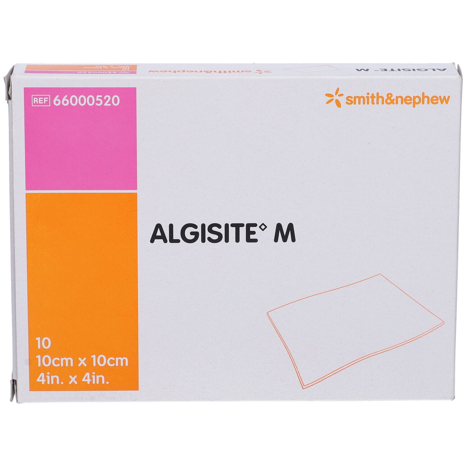 Vista frontale della confezione Algisite M. Contiene 10 medicazioni 10x10cm. Marchio Smith & Nephew.